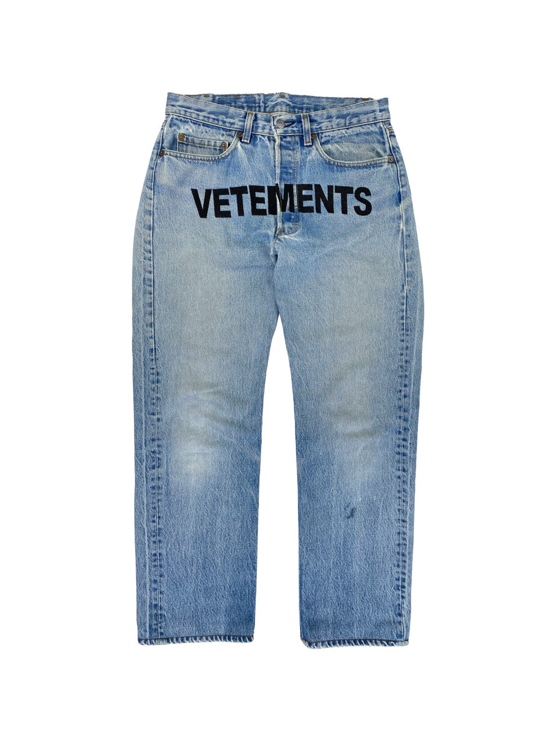 FW18 Vetements x Levi’s Embroidered Crotch Logo Light Wash Denim