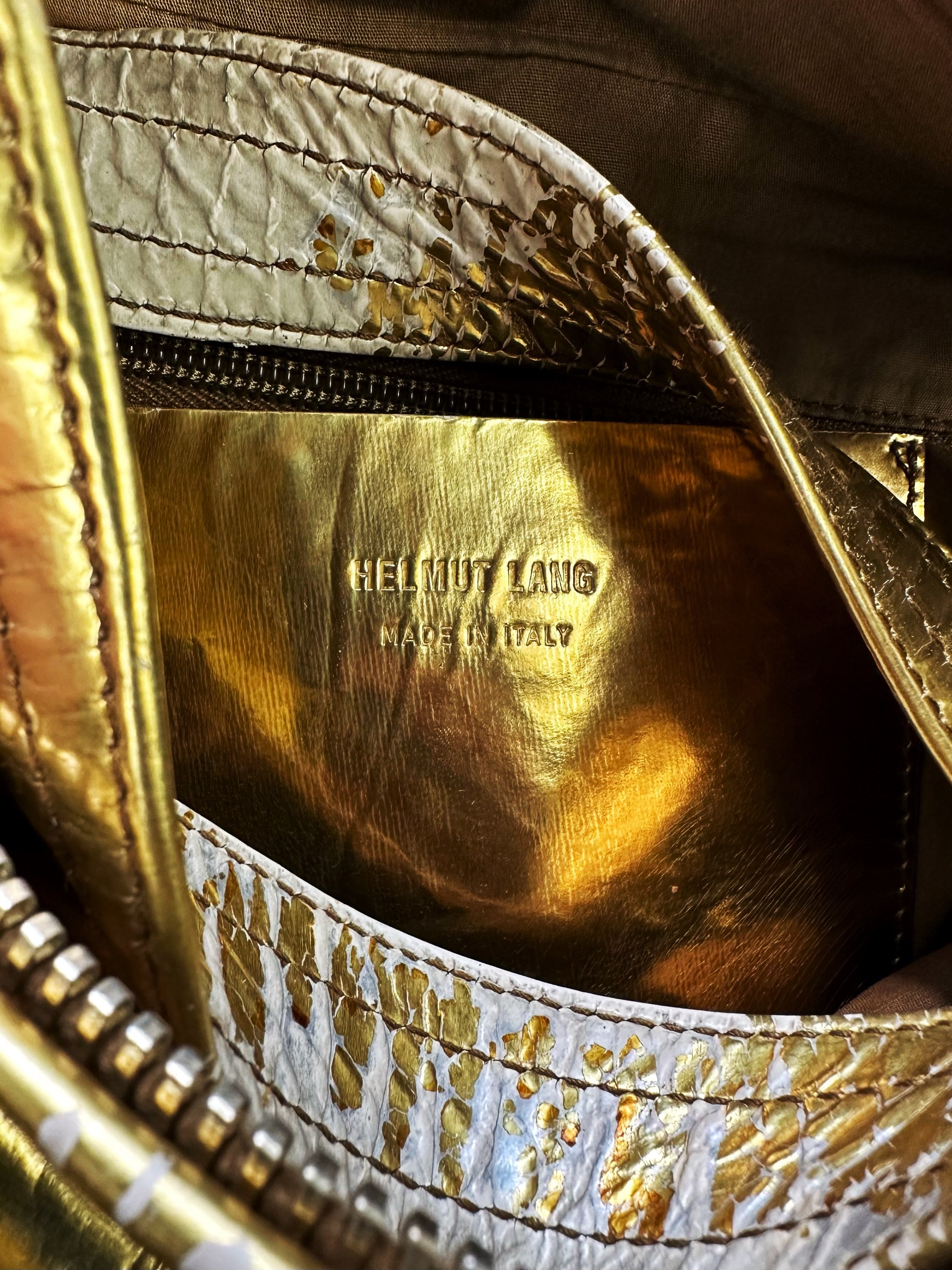90s Helmut Lang Gold Leather Nameplate Duffle Bag