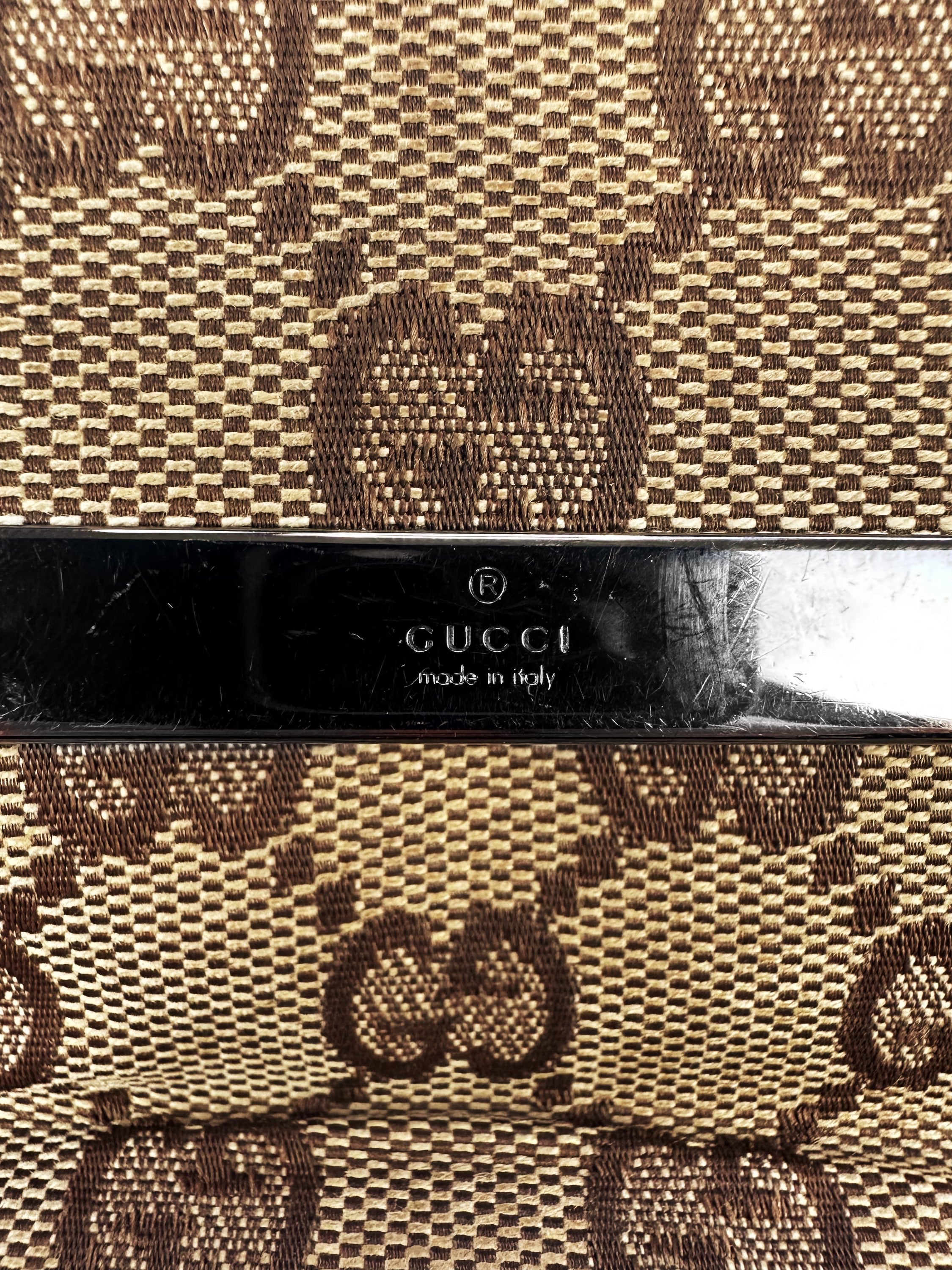 Gucci GG Monogram Tan Leather Metallic Logo Trifold Wallet