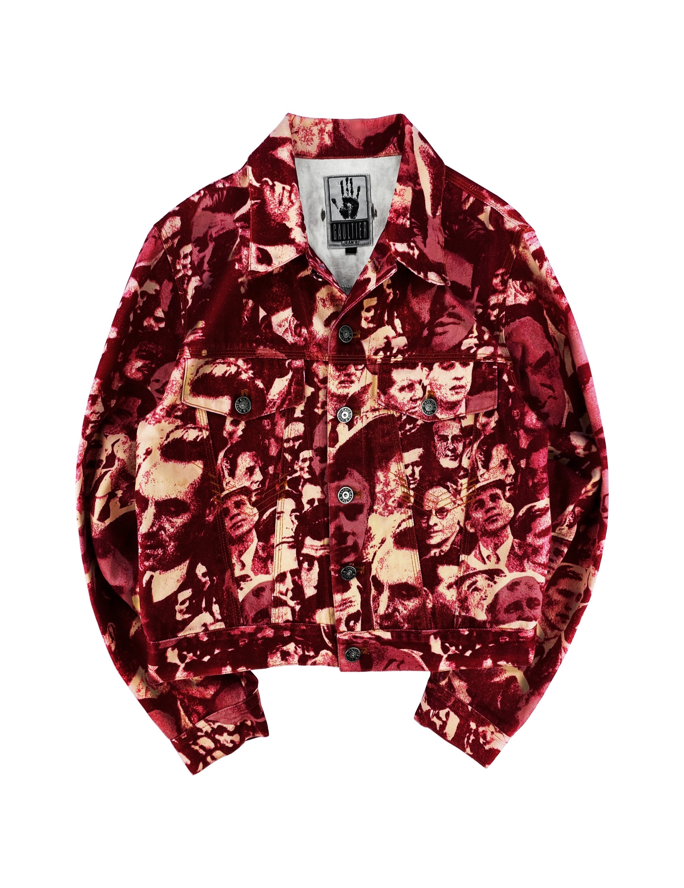 AW92 Jean Paul Gaultier “Faces” Jacquard Maroon Denim Jacket