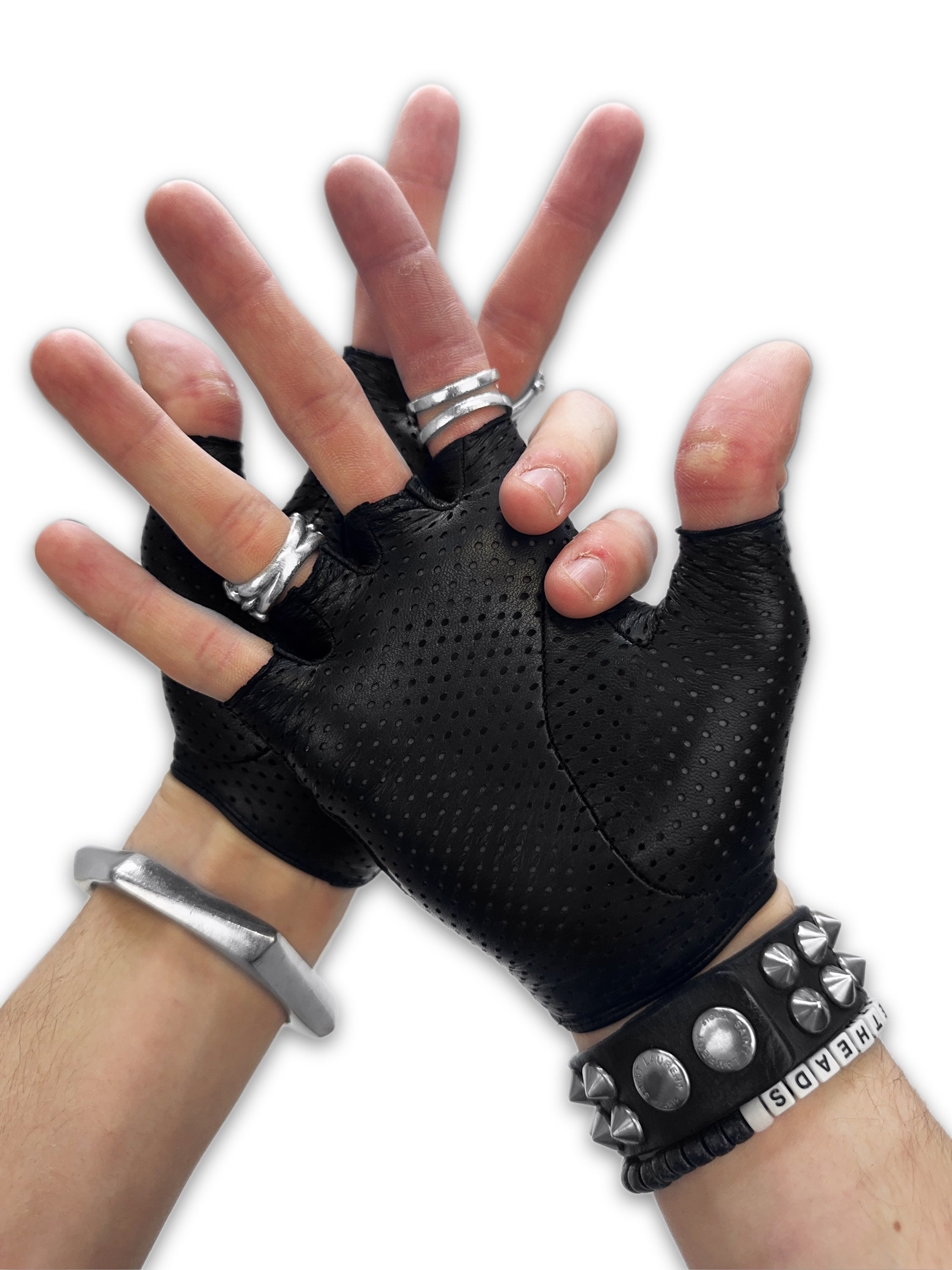 00s Chrome Hearts ‘Fingerless’ .925 Silver Leather Perforated Gloves