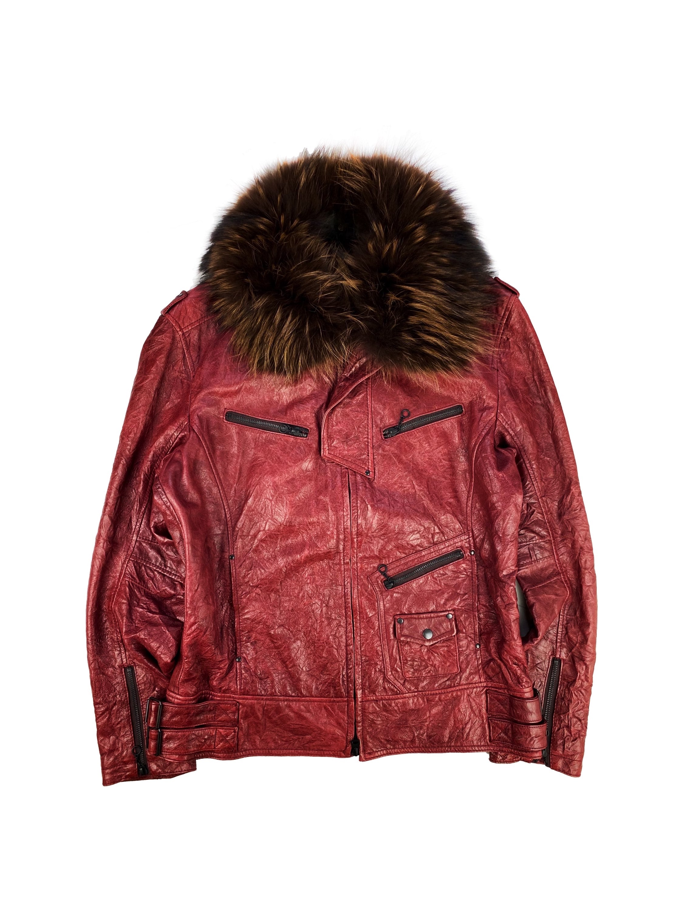 00s Tete Homme Blood Red Pig Skin Leather Fur Biker Jacket