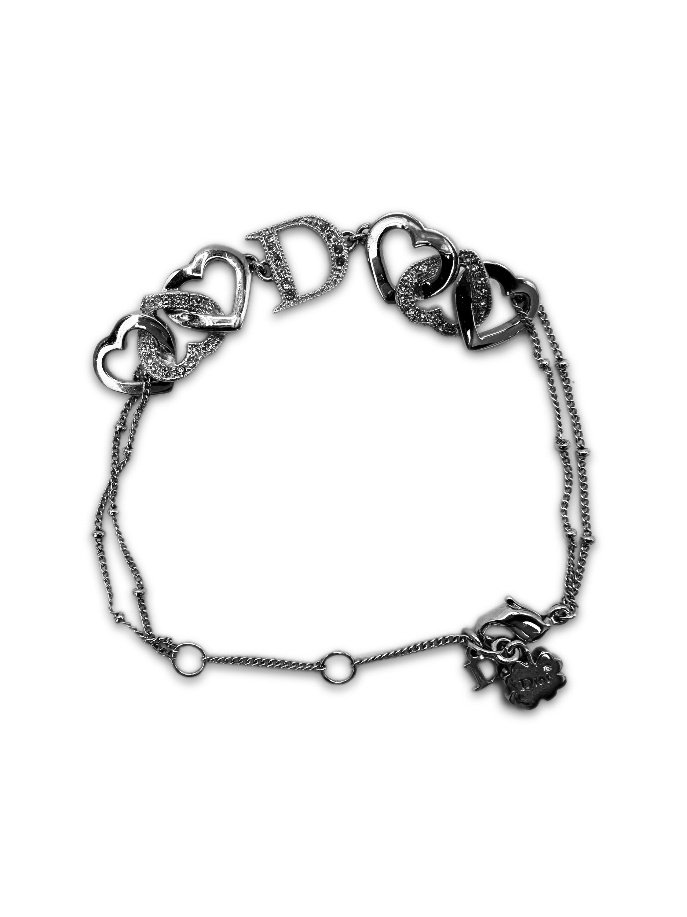 00s Dior ‘Heart’ Motif Silver Crystal Bracelet