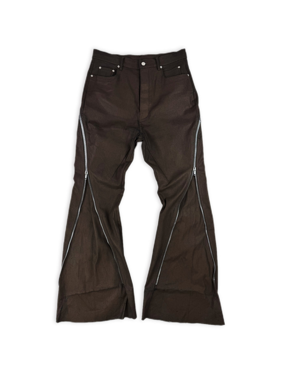 AW24 Rick Owens Porterville Bolan Banana Zip Flared Brown Waxed Jeans
