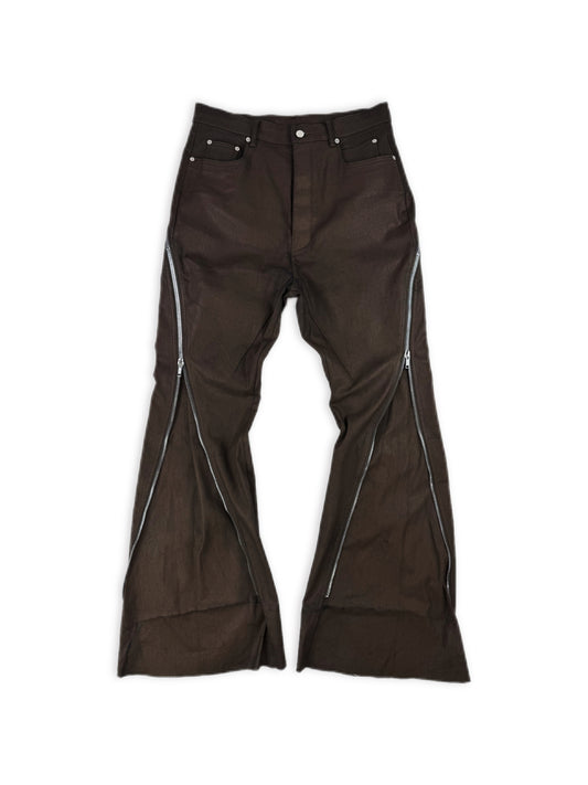 AW24 Rick Owens Porterville Bolan Banana Zip Flared Brown Waxed Jeans