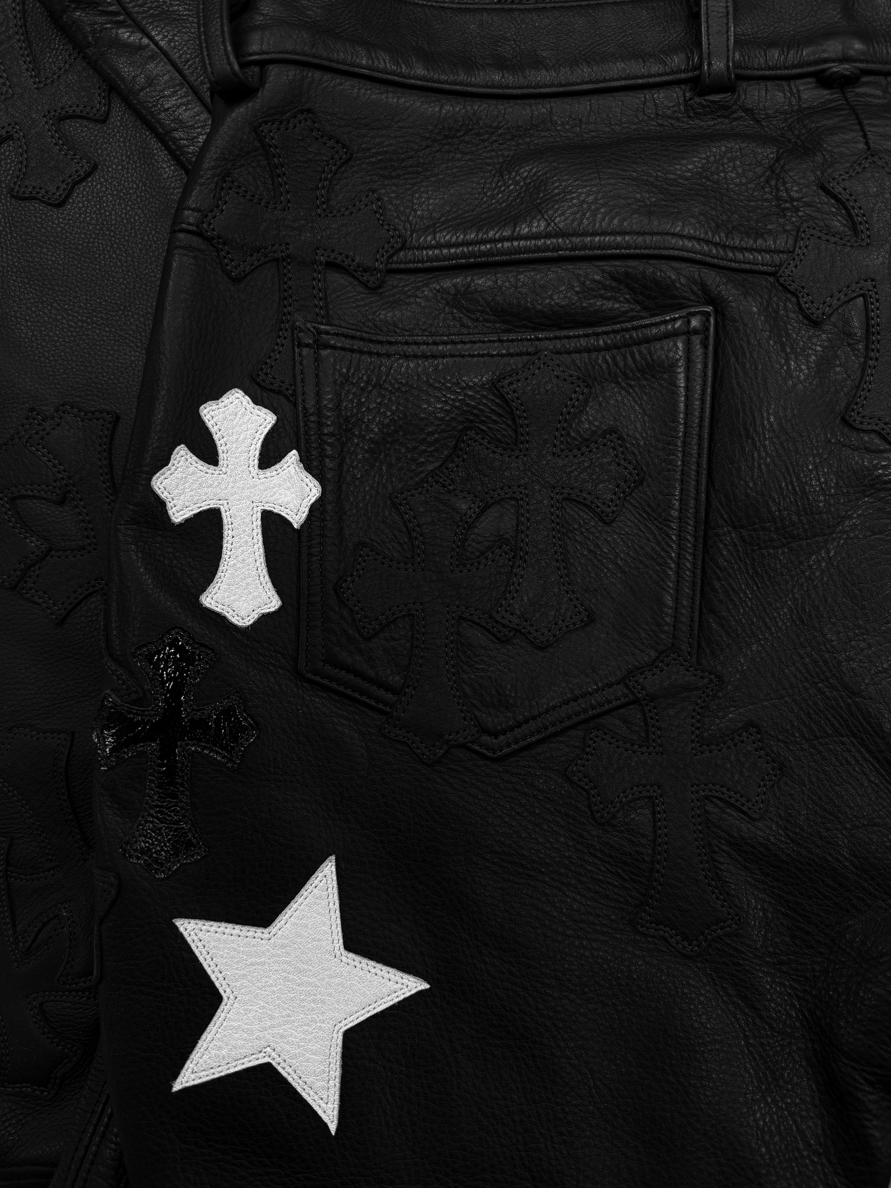 Chrome Hearts 48 Cross Star Patch Fleur Knee Leather Pants