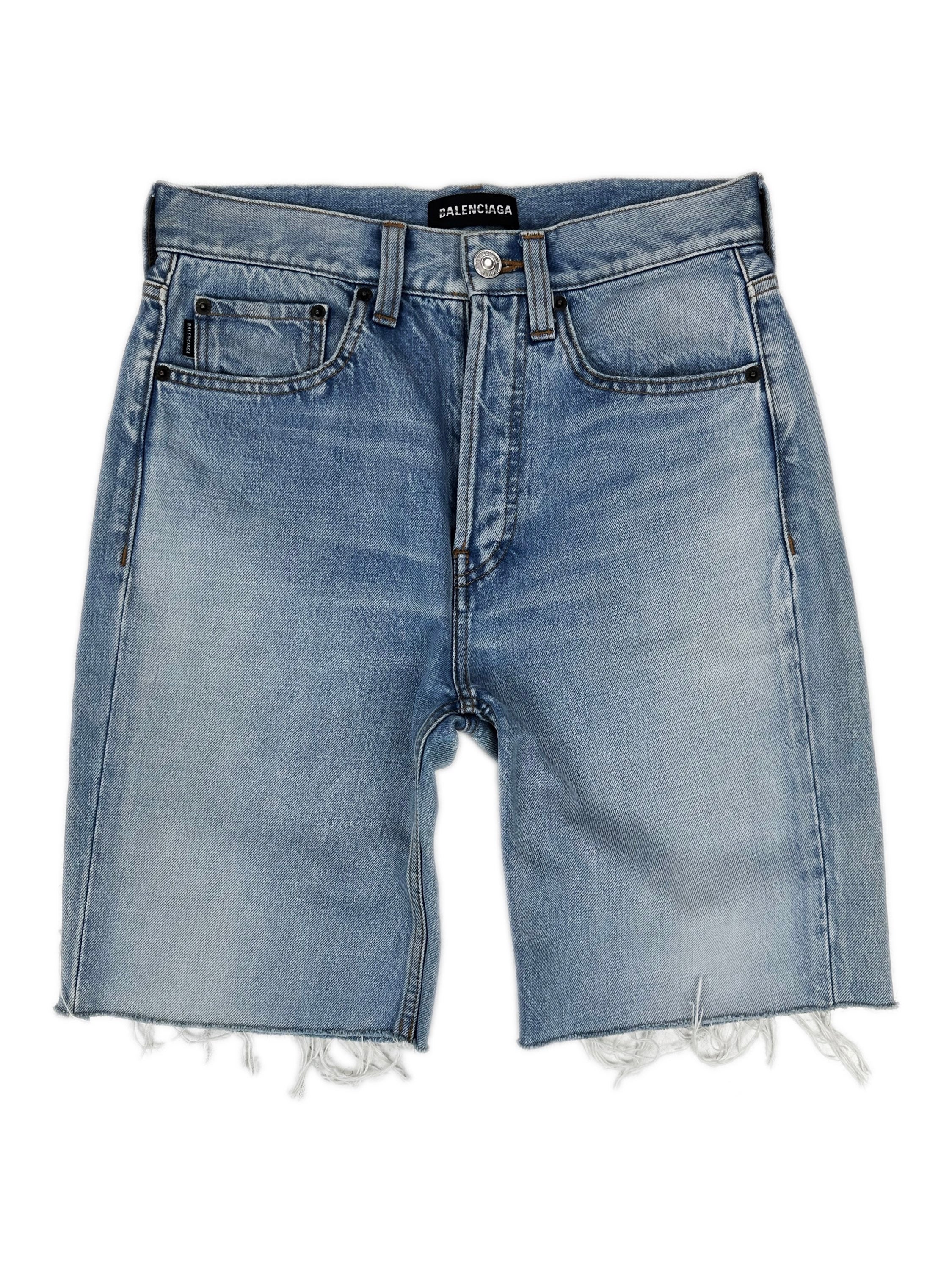 Balenciaga Light Wash Distressed Denim Shorts