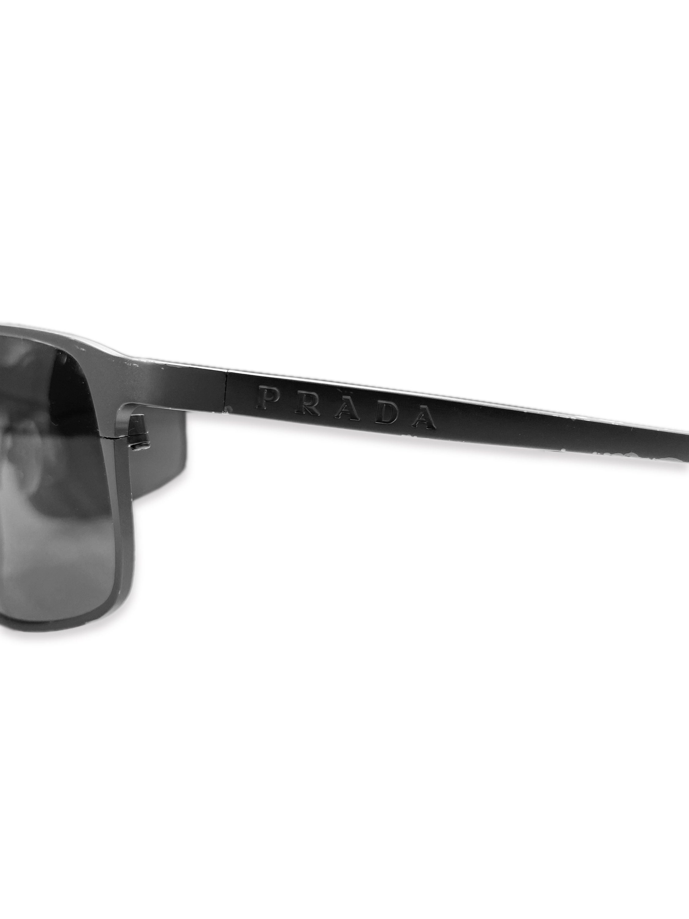 Prada Titanium Gun Metal Dark Tint Engraved Sunglasses