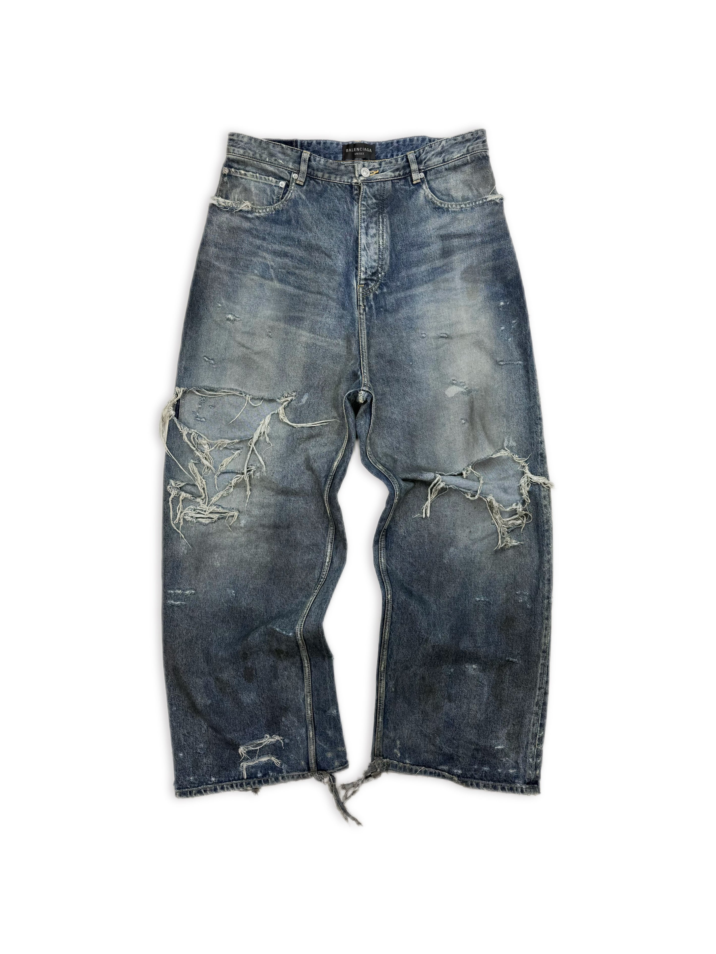 SS23 Balenciaga Mud Show Baggy Distressed Blue Washed Denim