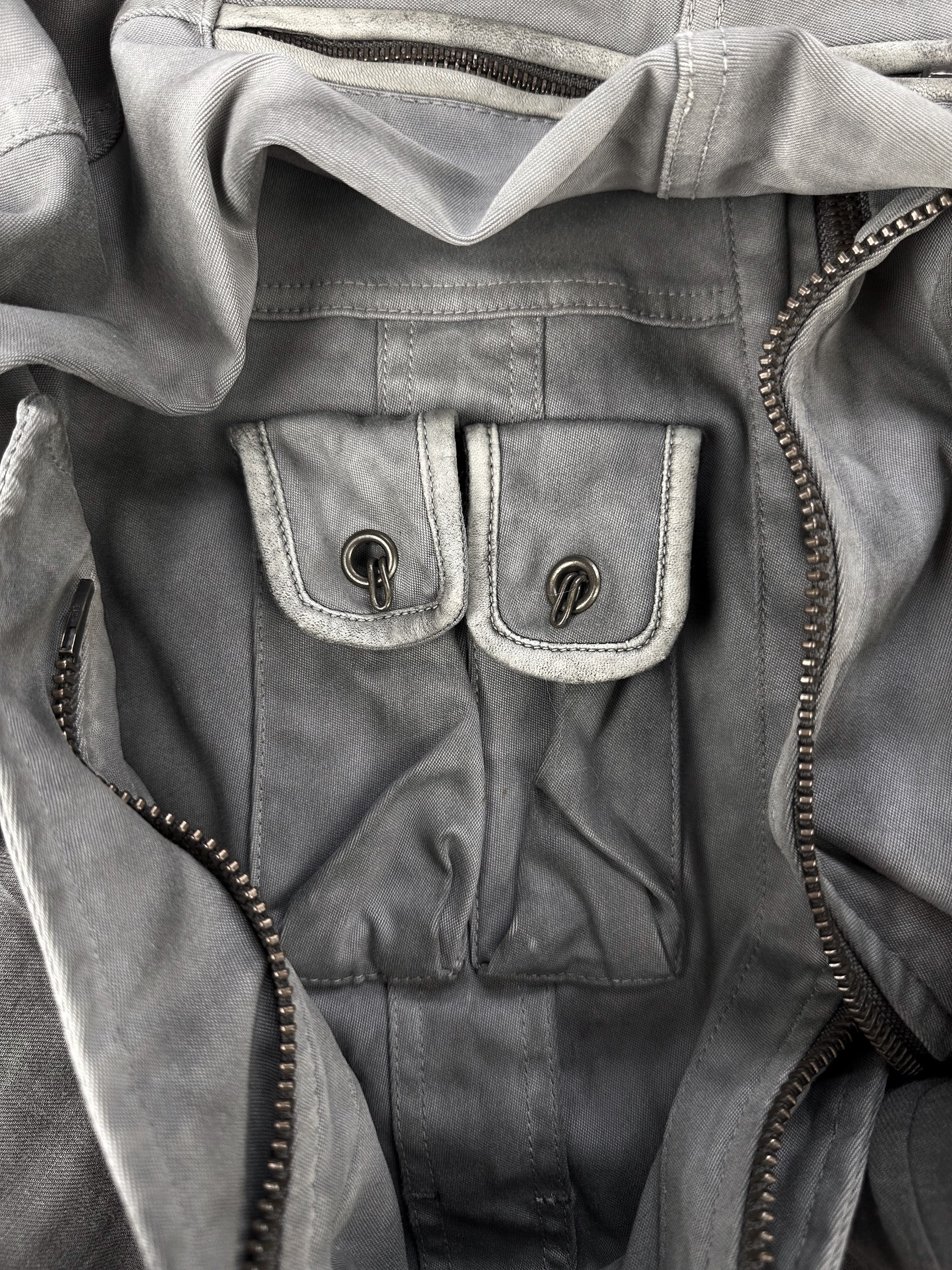 Tete Homme Ash Grey High Collar Fur Denim Cargo Jacket