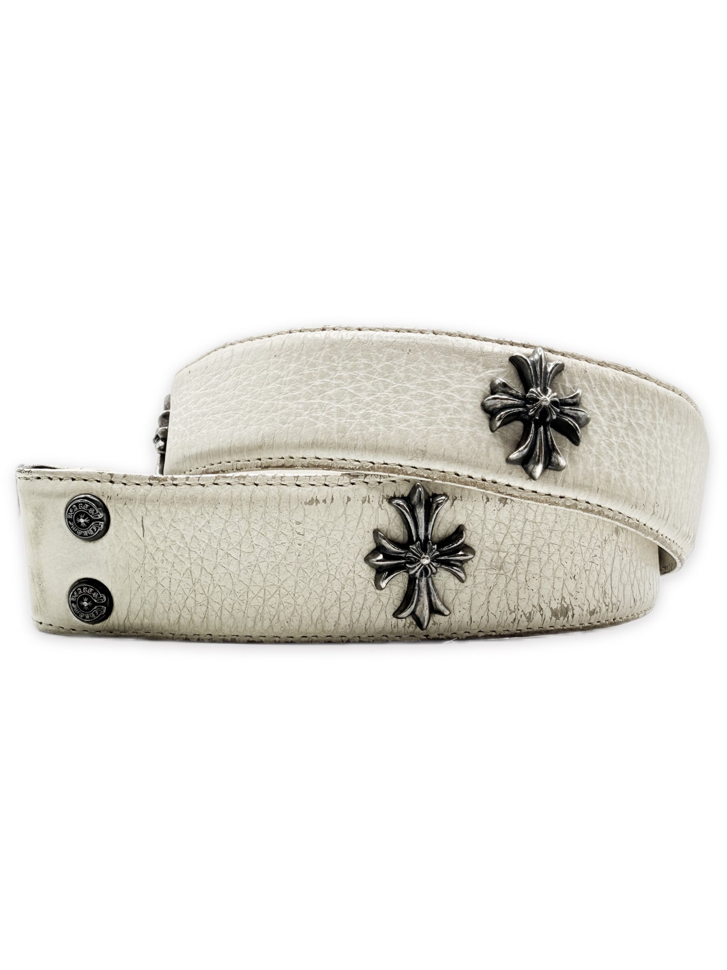 Chrome Hearts Plus Cross Pendant White Leather .925 Silver Belt Strap