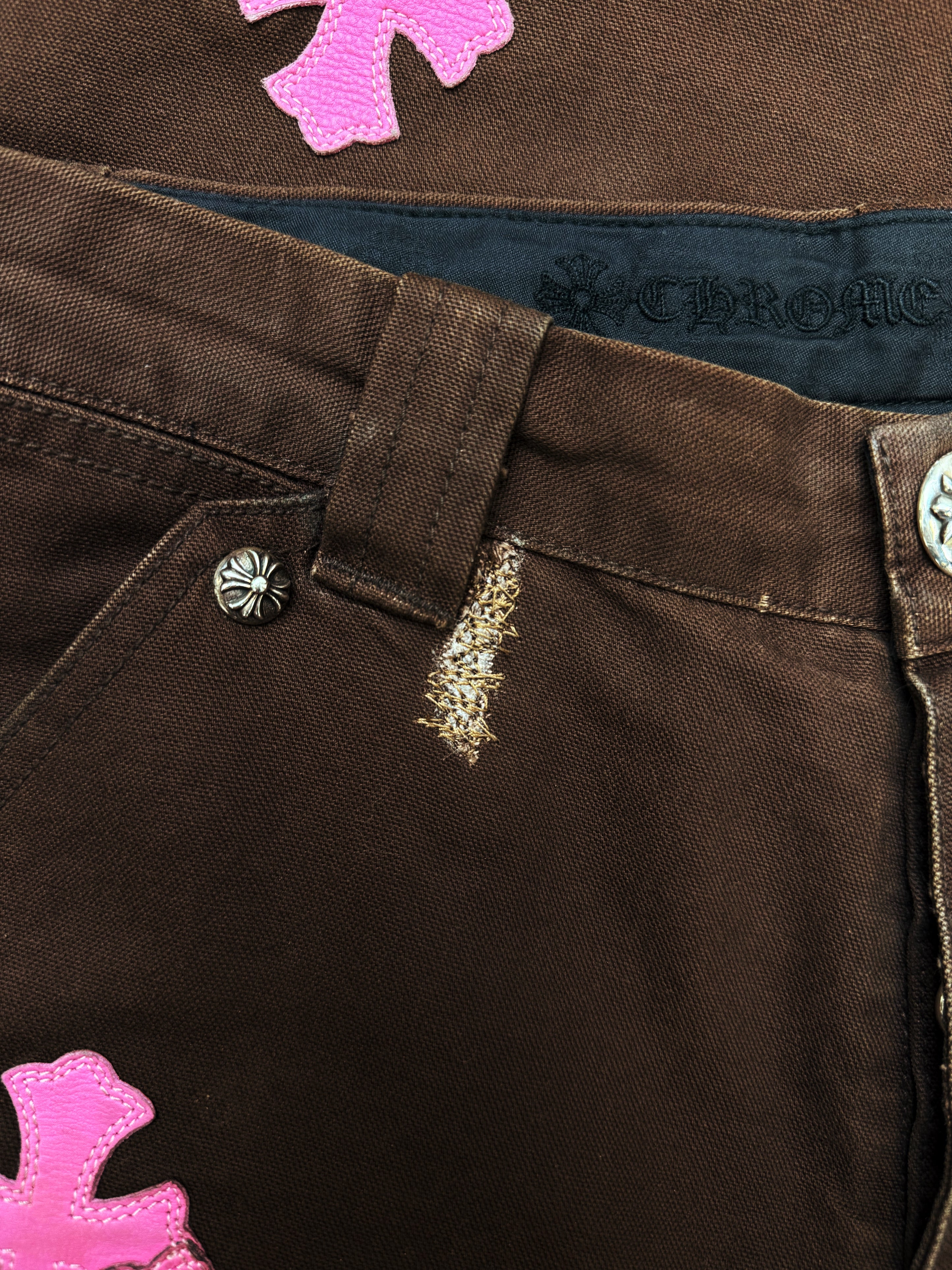 Chrome Hearts 12 Pink Cross Patch Brown Double Knee Carpenter Pants