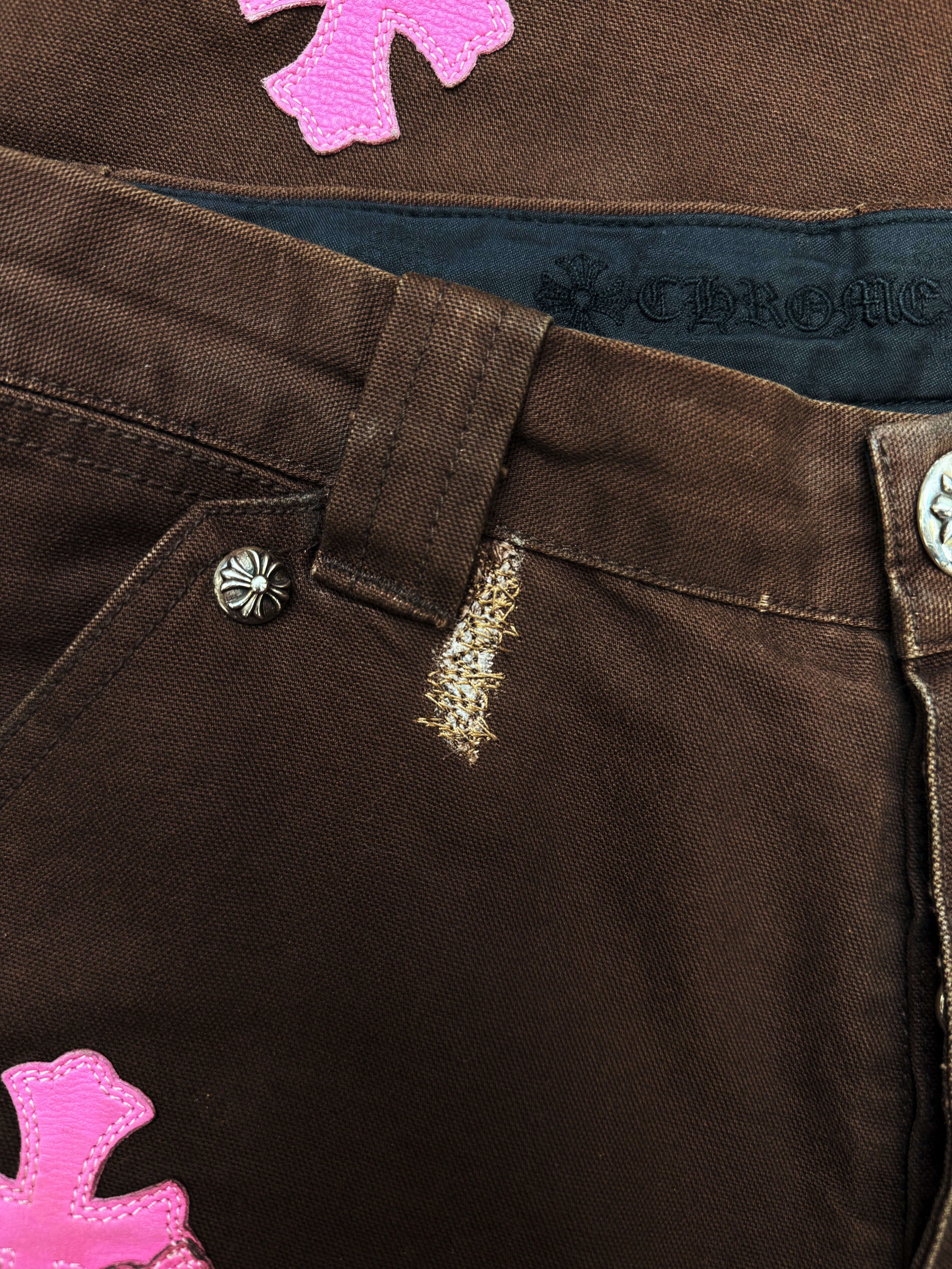 Chrome Hearts 12 Pink Cross Patch Brown Double Knee Carpenter Pants