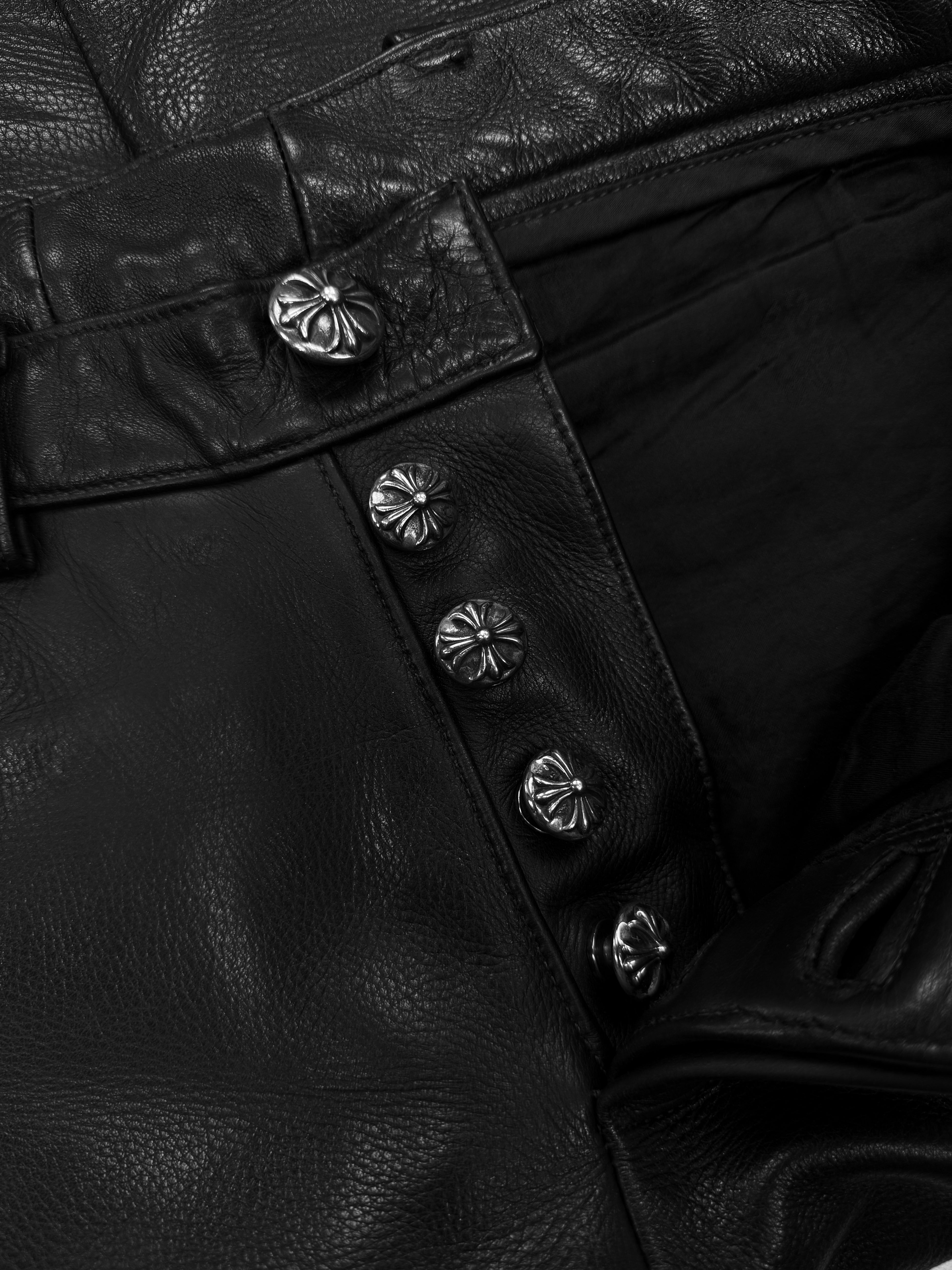 Chrome Hearts Pink 19 Cross Patch Black Leather Fleur Knee Pants