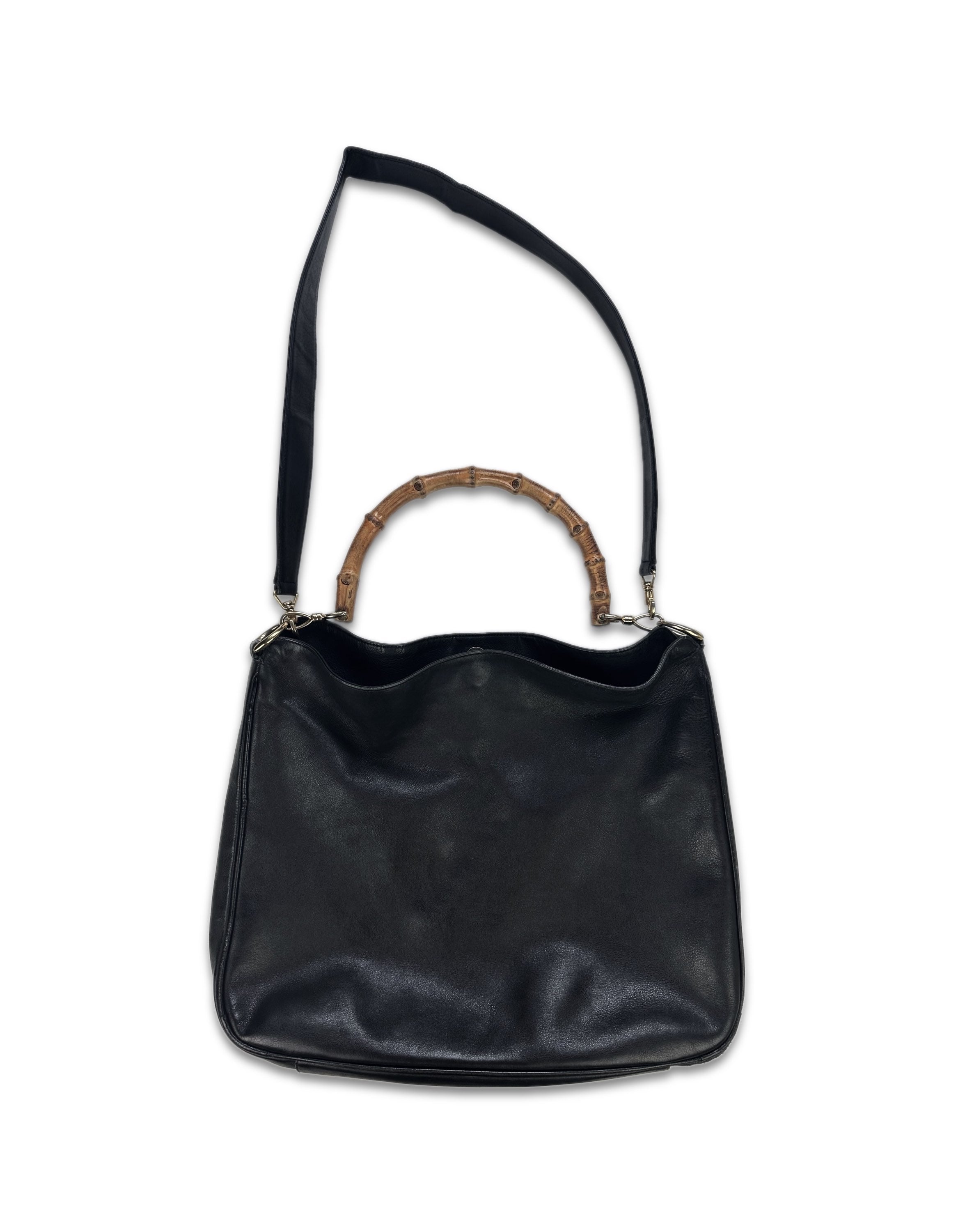 00s Gucci Bamboo Handle Black Leather Hand Bag