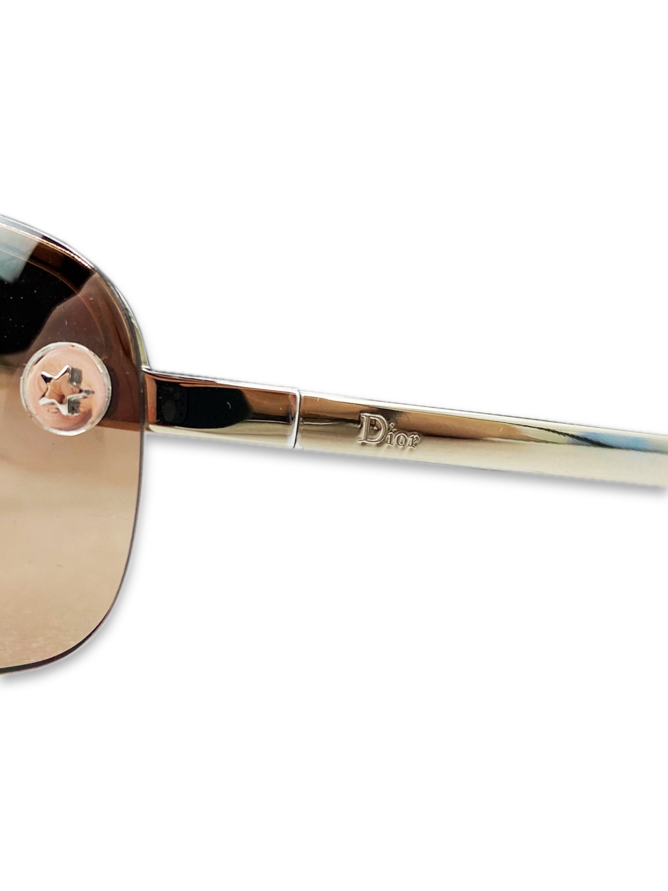 2000s Dior Etched Star Motif Warm Tint  Rounded Metallic Sunglasses