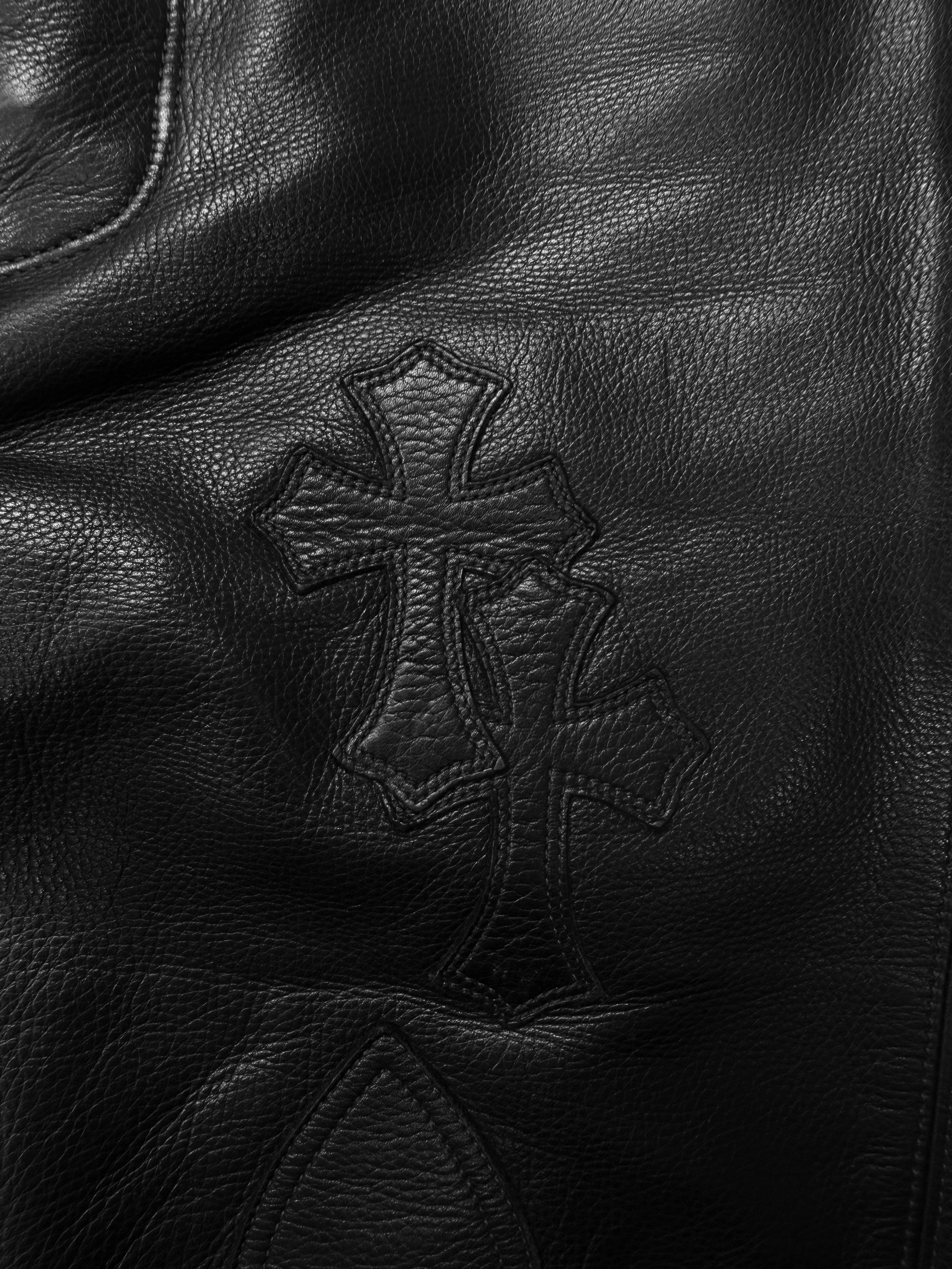 Chrome Hearts 34 Cross Patch Black Leather Fleur Knee Pants