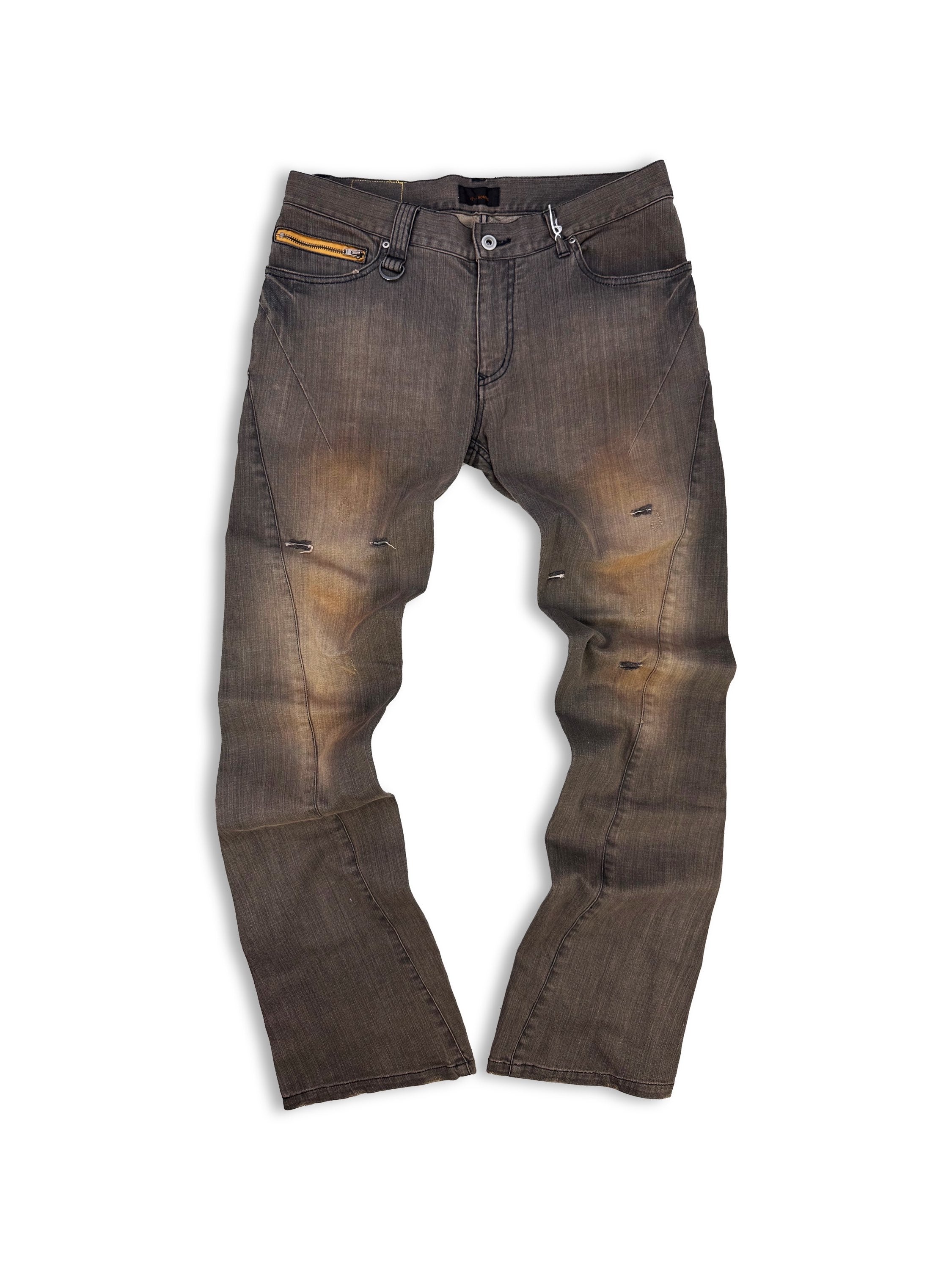 Tete Homme Backwards Sand Wash D-Ring Flare Cut Denim