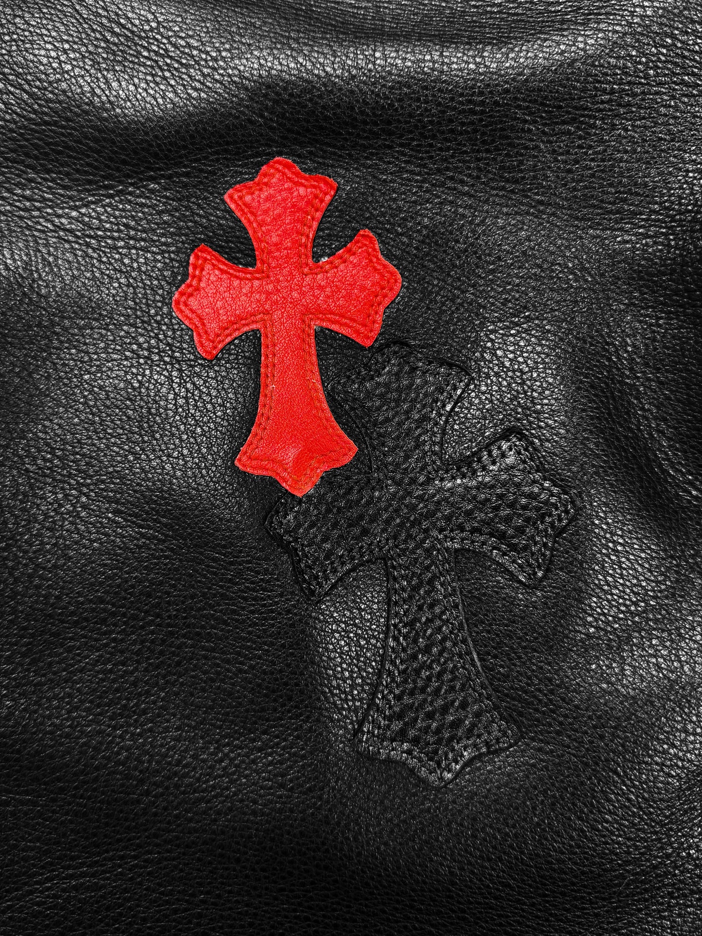 Chrome Hearts Red 20 Cross Patch Fleur Knee Black Leather Pants