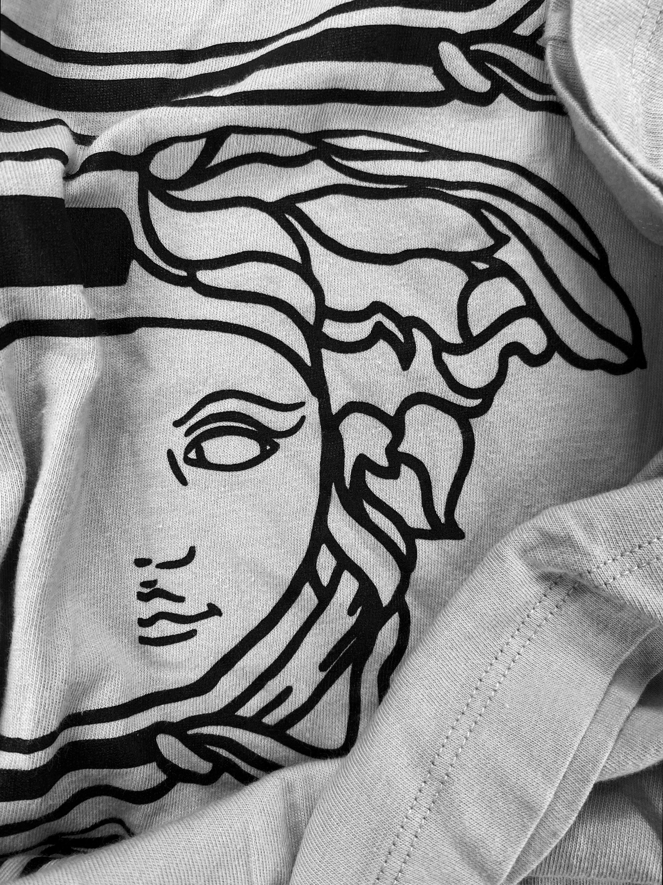Versace Medusa Head Logo Striped Graphic Grey T-Shirt