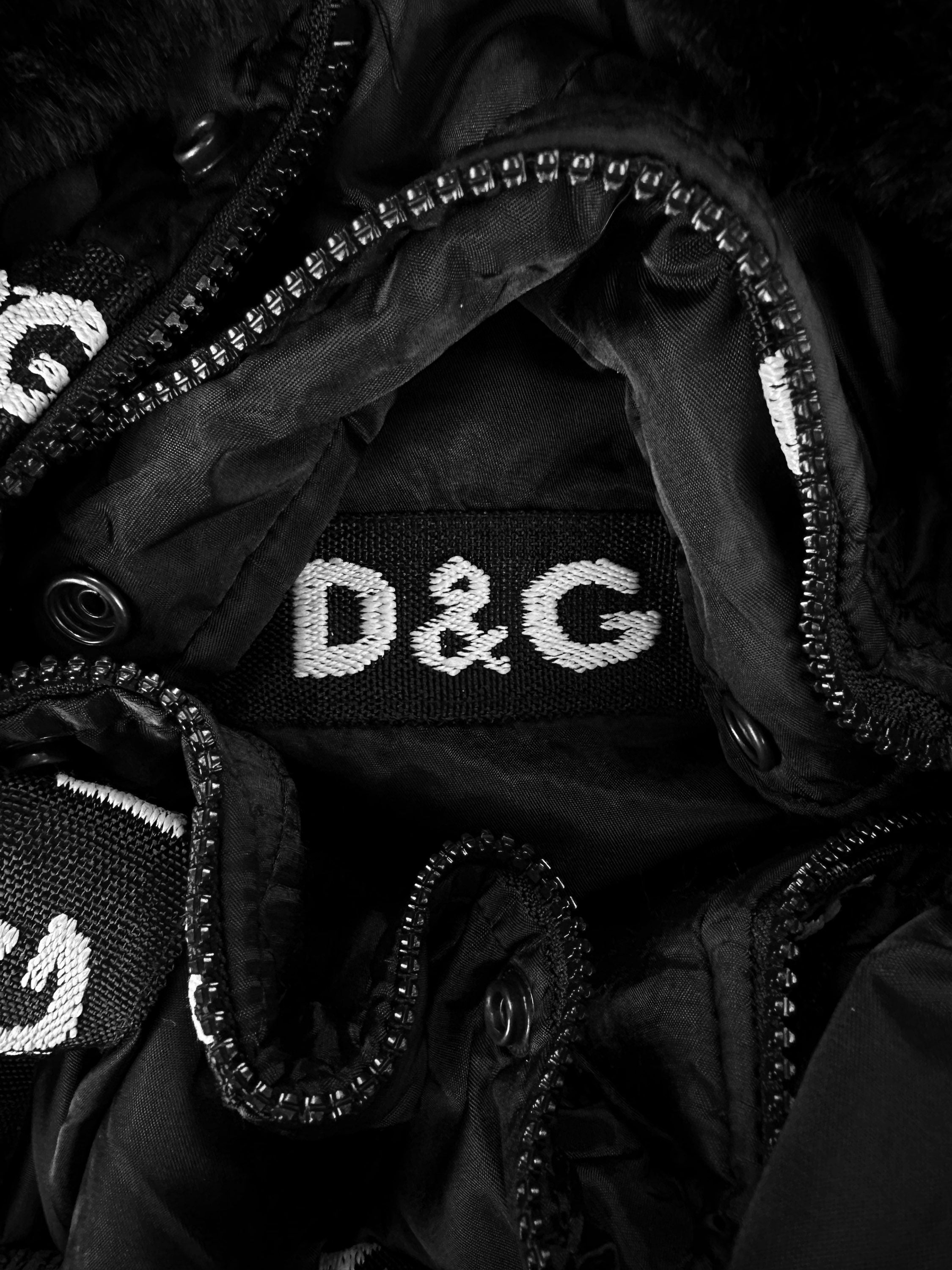 00s Dolce &amp; Gabbana Fur Black Monogram Puffer Jacket