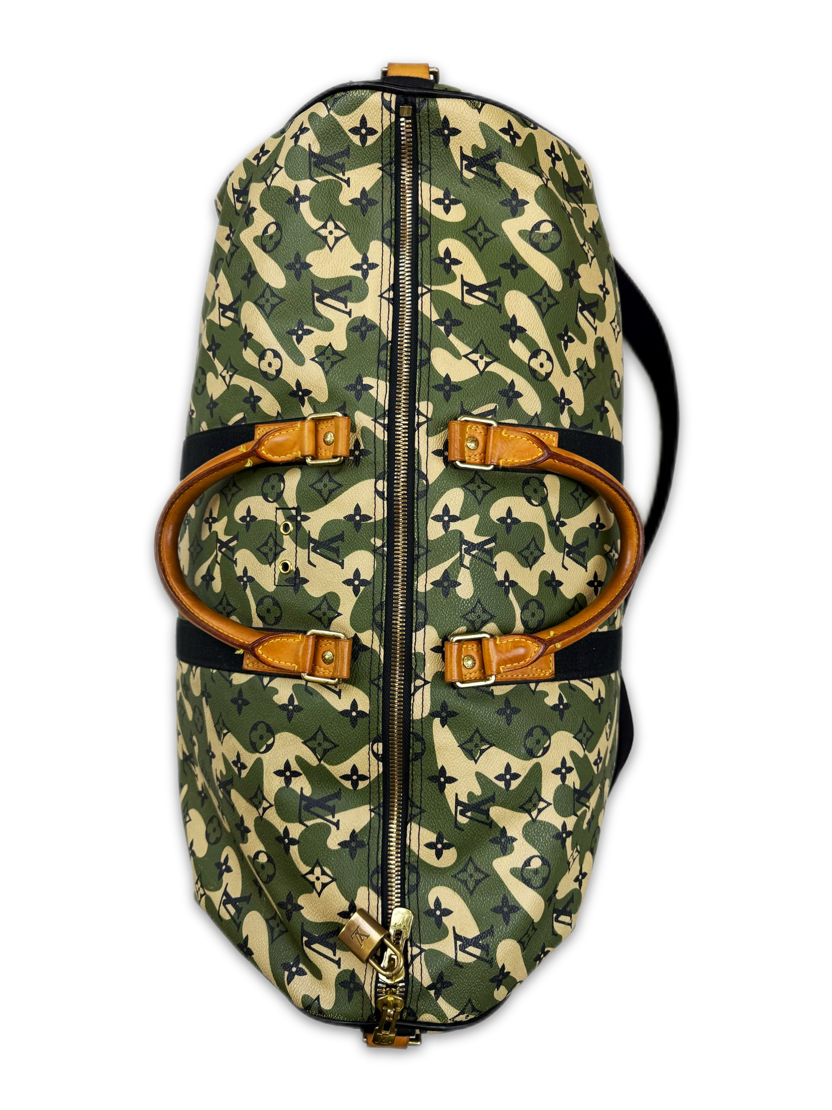 2007 Louis Vuitton x Takahashi Murakami Green Camo Keepall 55 Duffle Bag