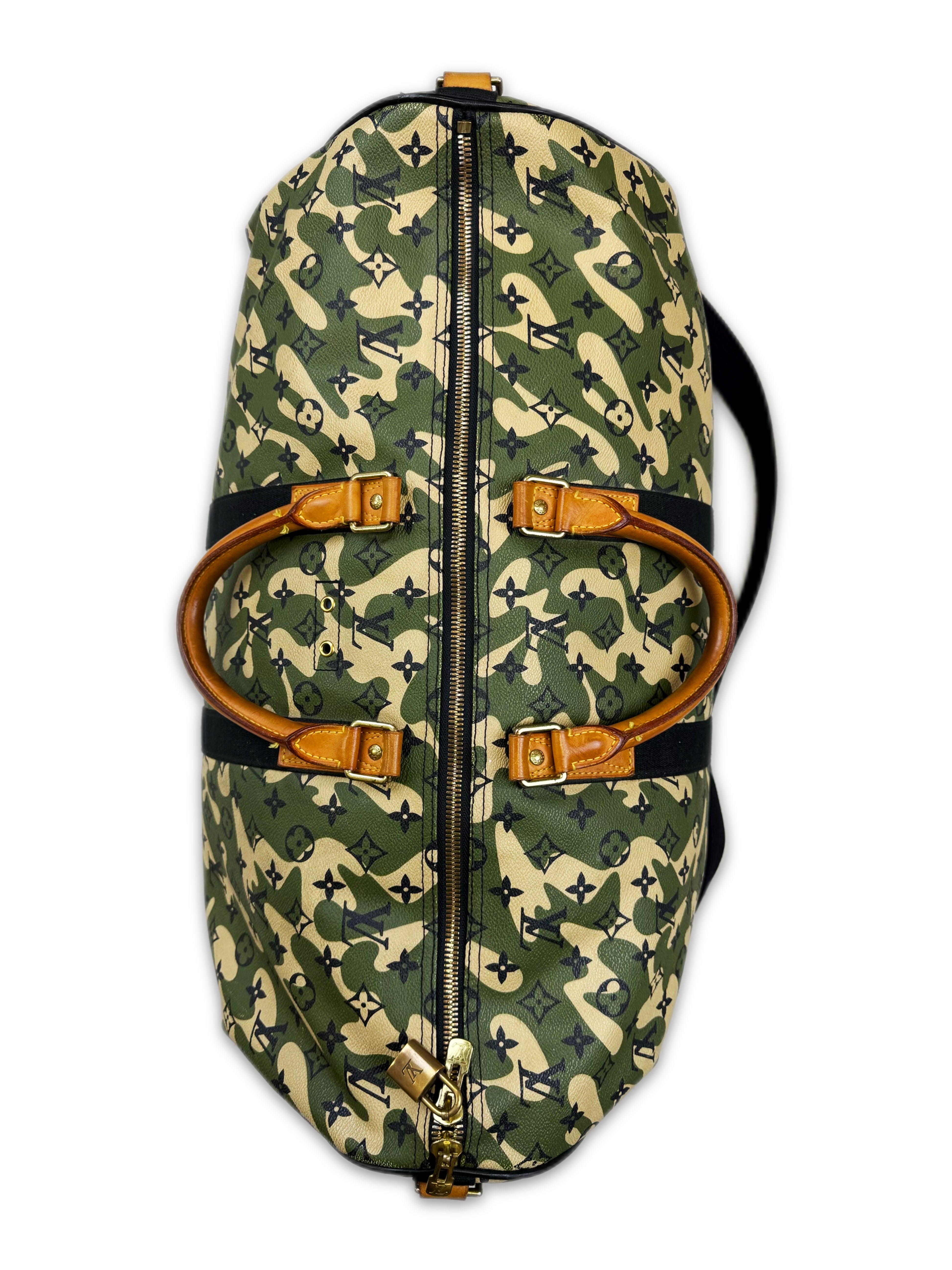 2007 Louis Vuitton x Takahashi Murakami Green Camo Keepall 55 Duffle Bag
