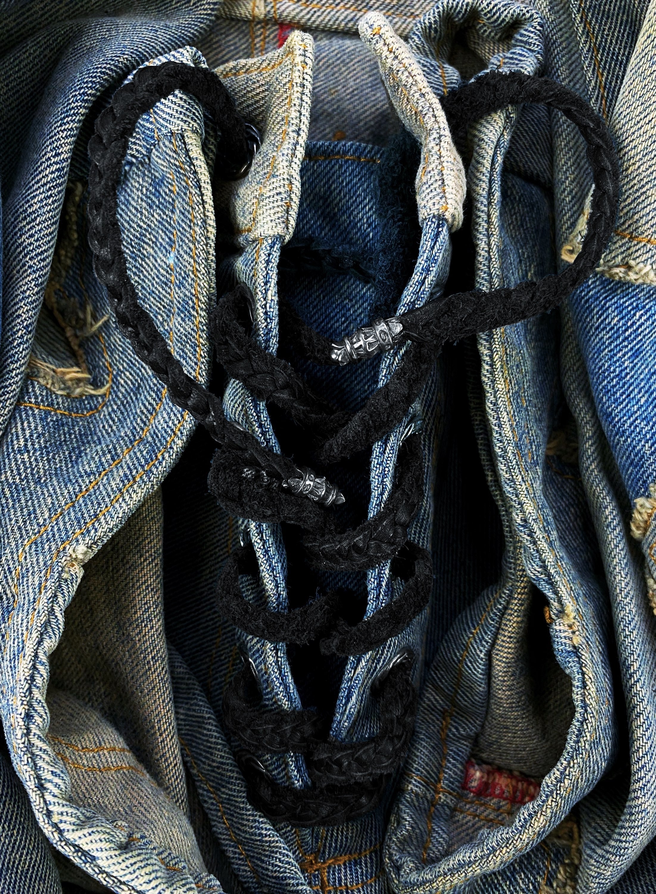 00s A&amp;G Rock ‘n Roll Couture ‘Floury Cross’ Laced Patchwork Denim