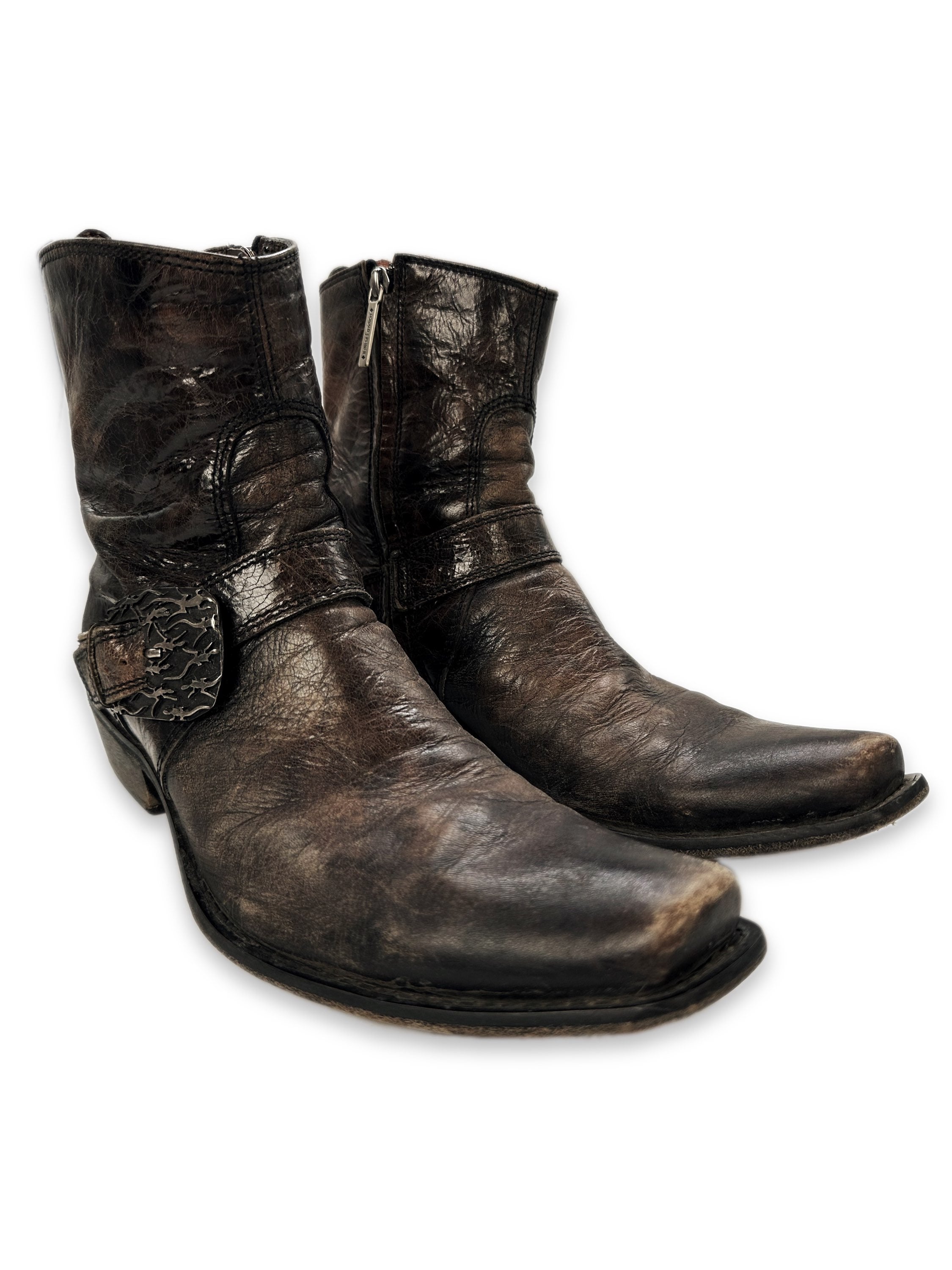 00s Donald J. Pliner Western Buckle Side-zip Brown Leather Boots