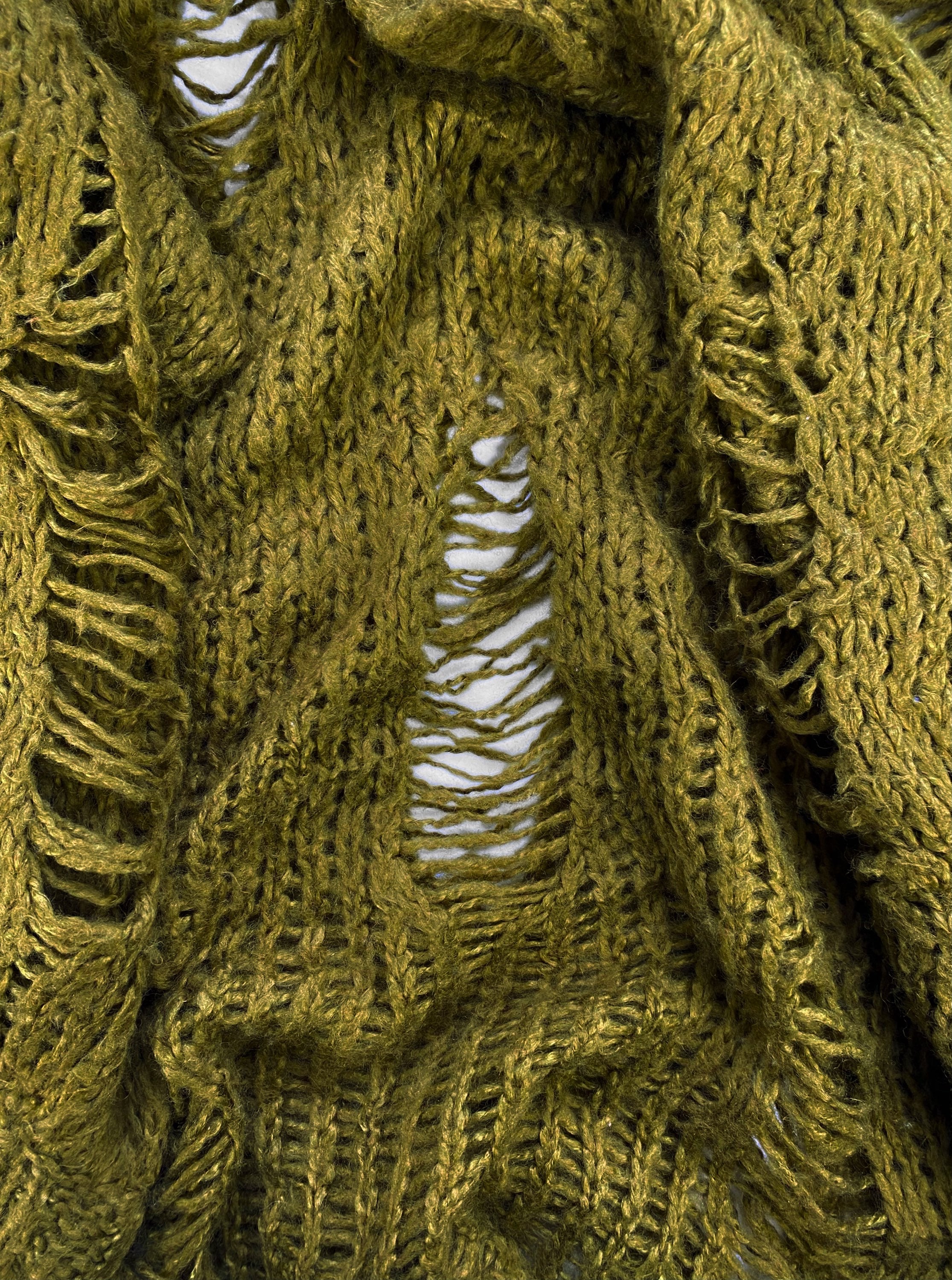 AW18 Comme des Garçons Loose Gauge Olive Distressed Wool Knit Sweater