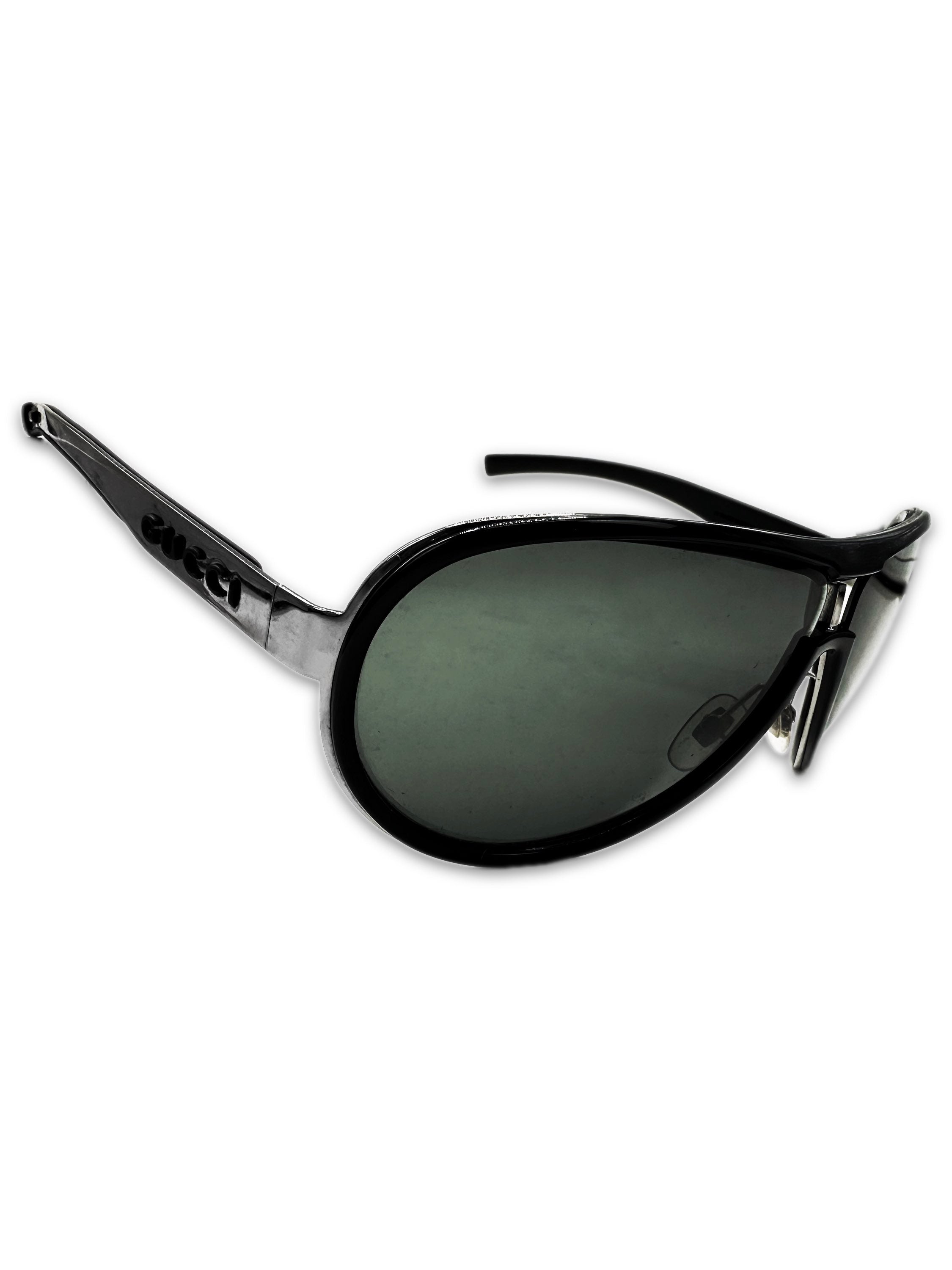 00s Gucci Etched Logo Silver Green Tint Aviator Sunglasses