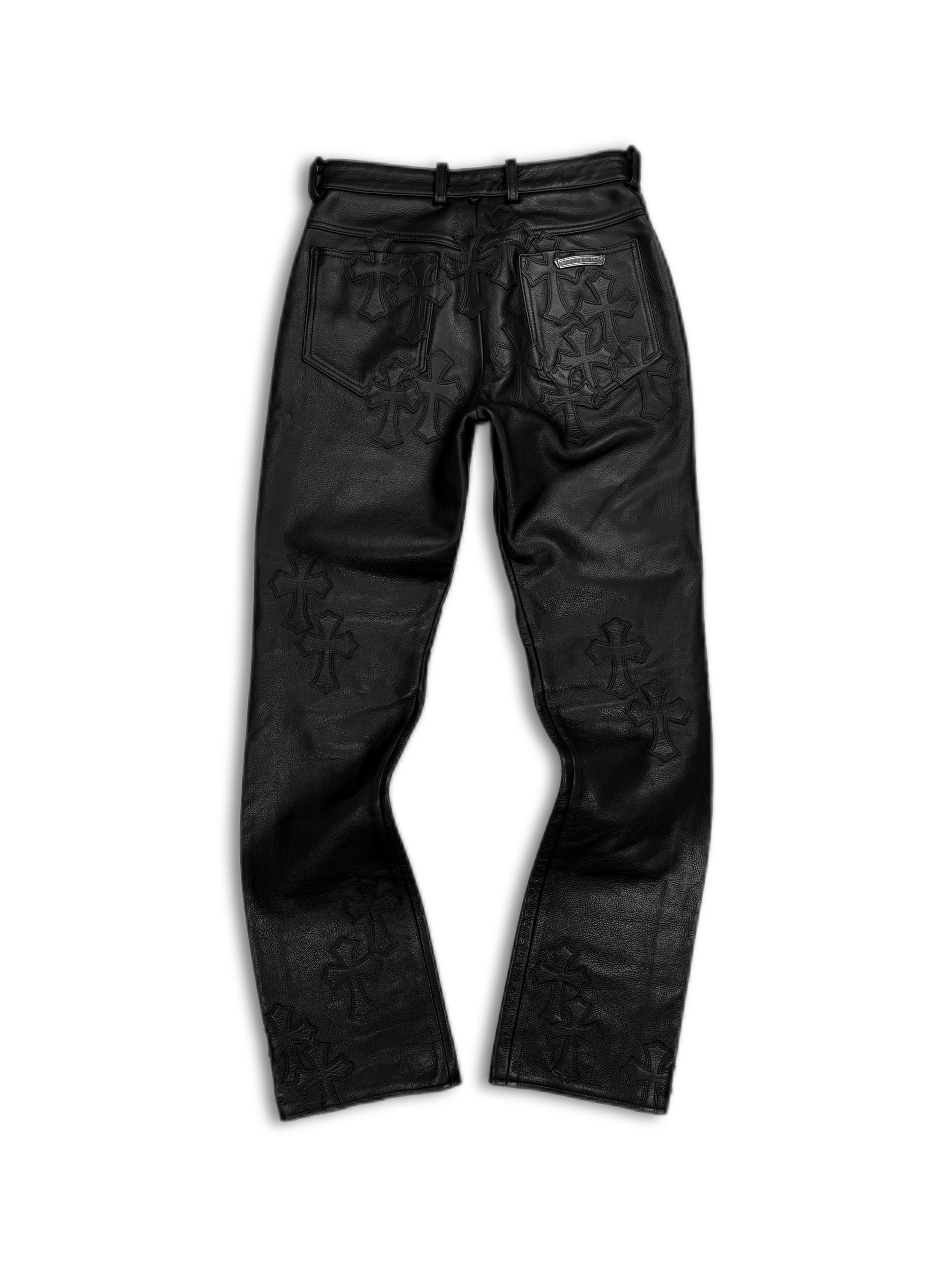 Chrome Hearts 34 Cross Patch Black Leather Fleur Knee Pants