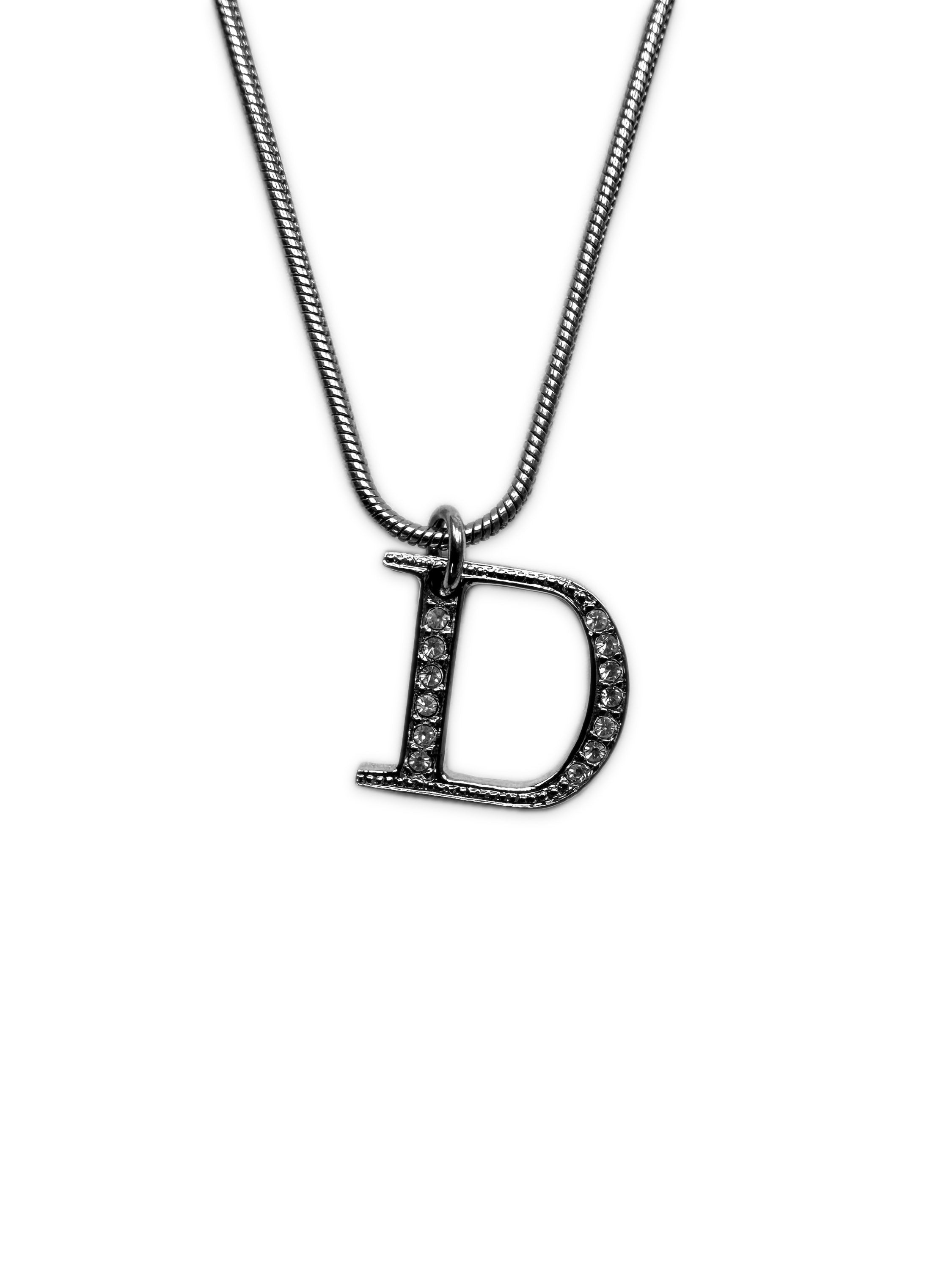 00s Dior ‘D’ Silver Crystal Pendant Necklace