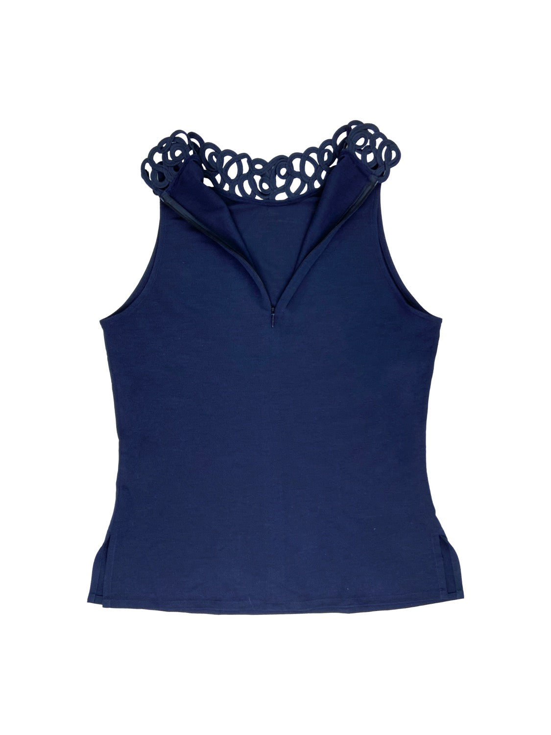Dior Lace Collar Back Zip Navy Blue Tank-Top