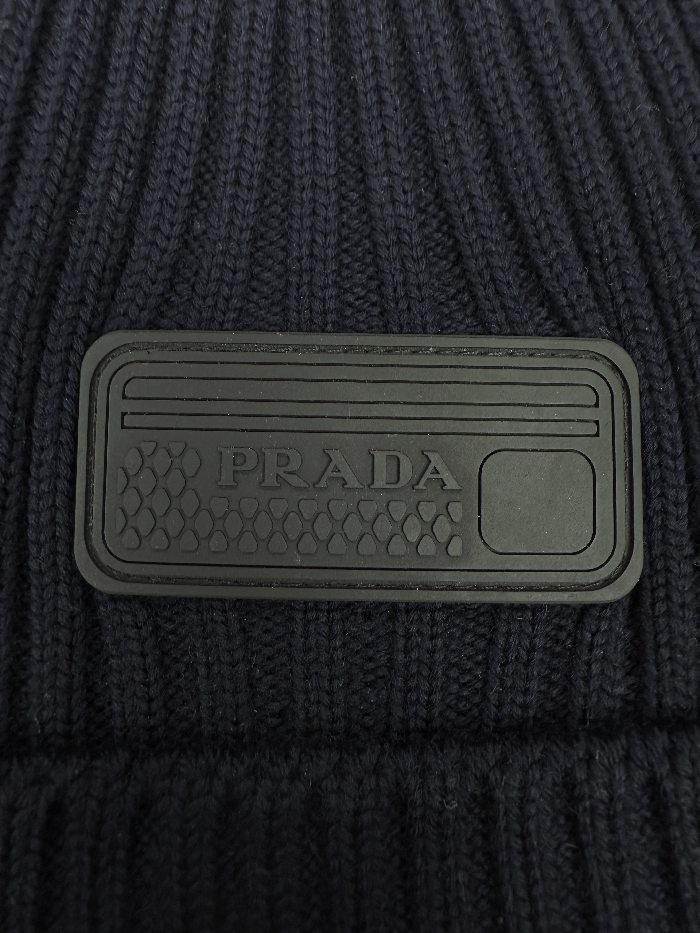 Prada Dark Blue Ribbed Knit Patch Logo Beanie