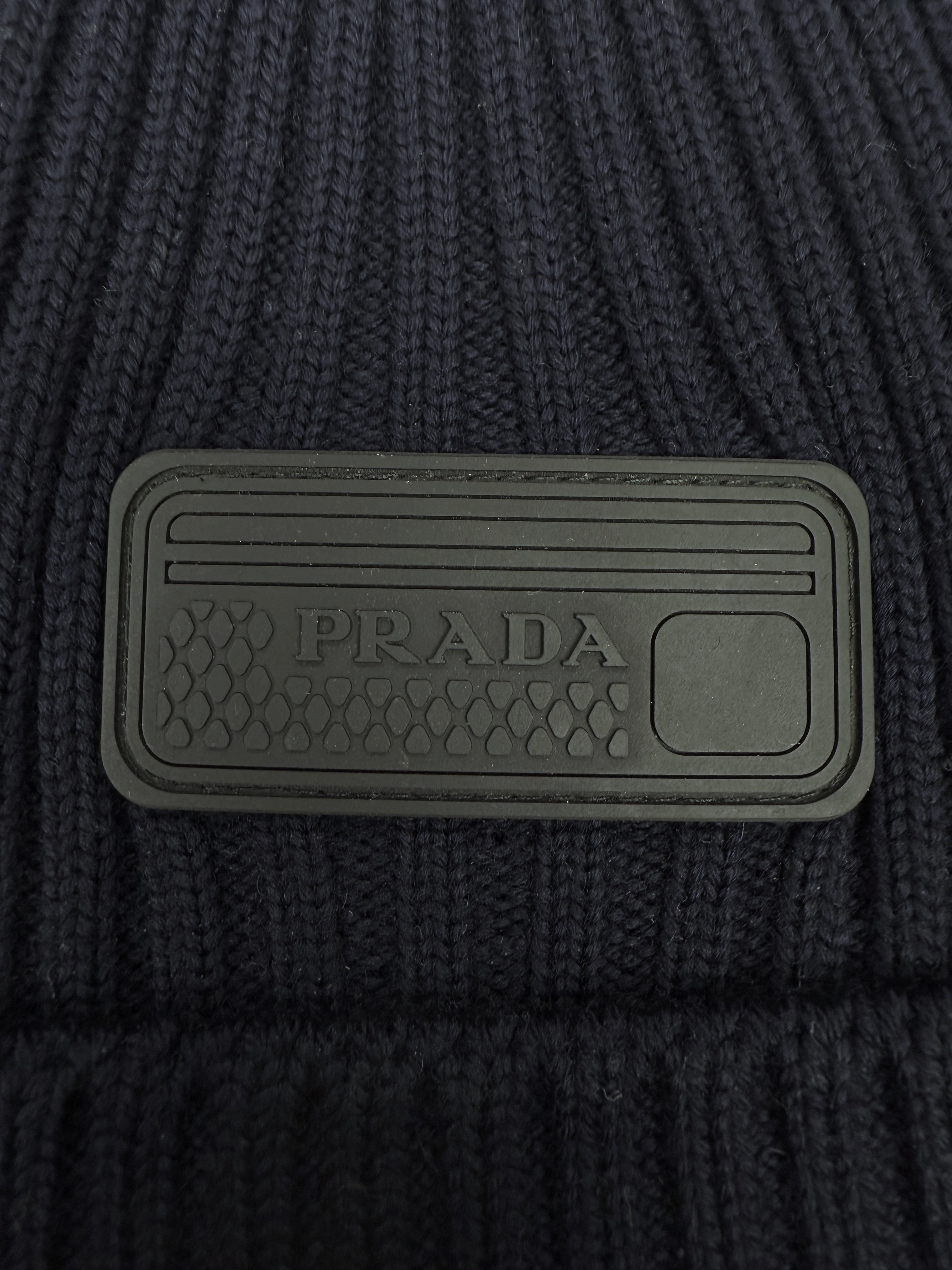 Prada Dark Blue Ribbed Knit Patch Logo Beanie