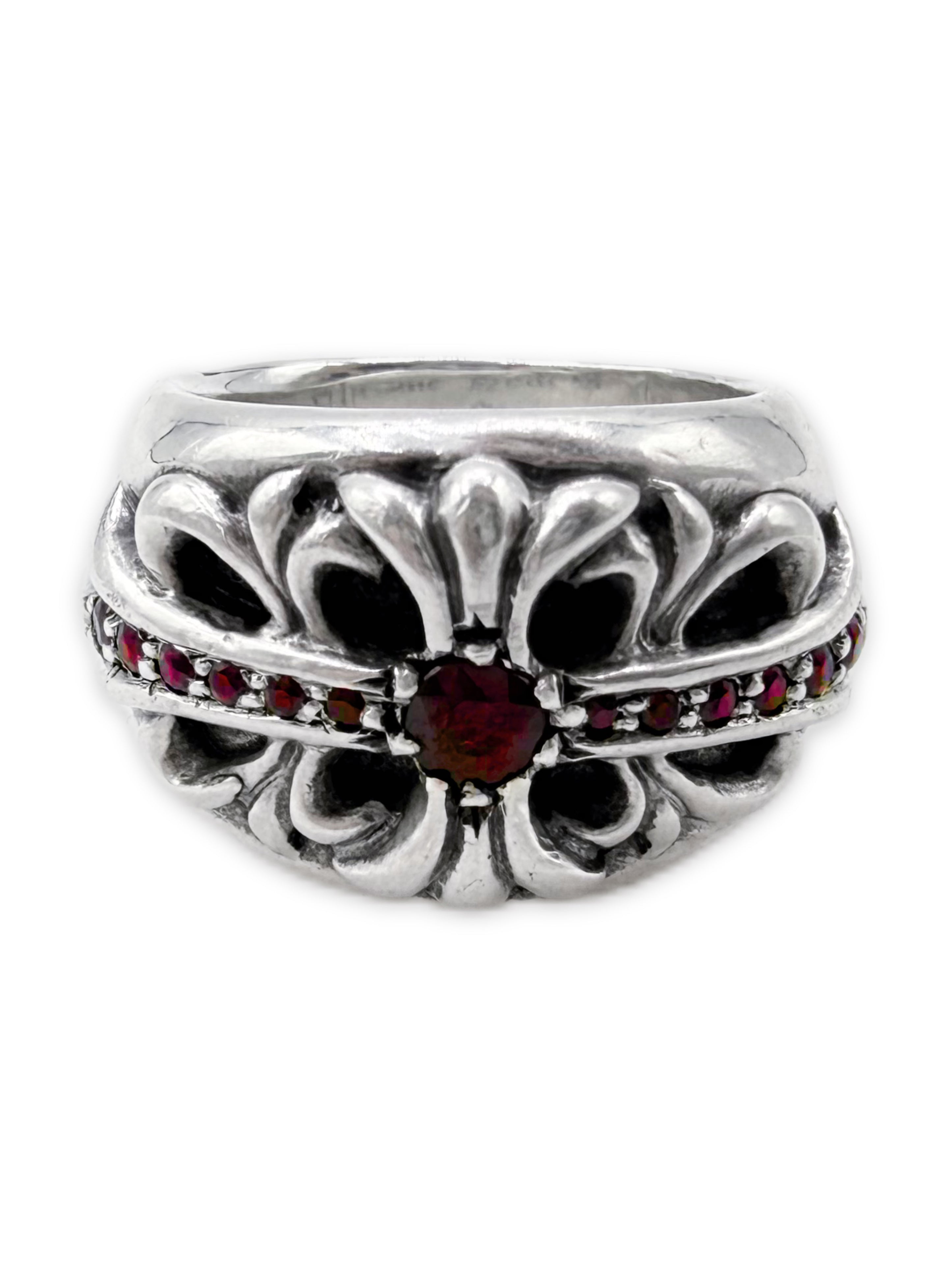 Chrome Hearts Factory Set Ruby Pavè Floral .925 Silver Ring