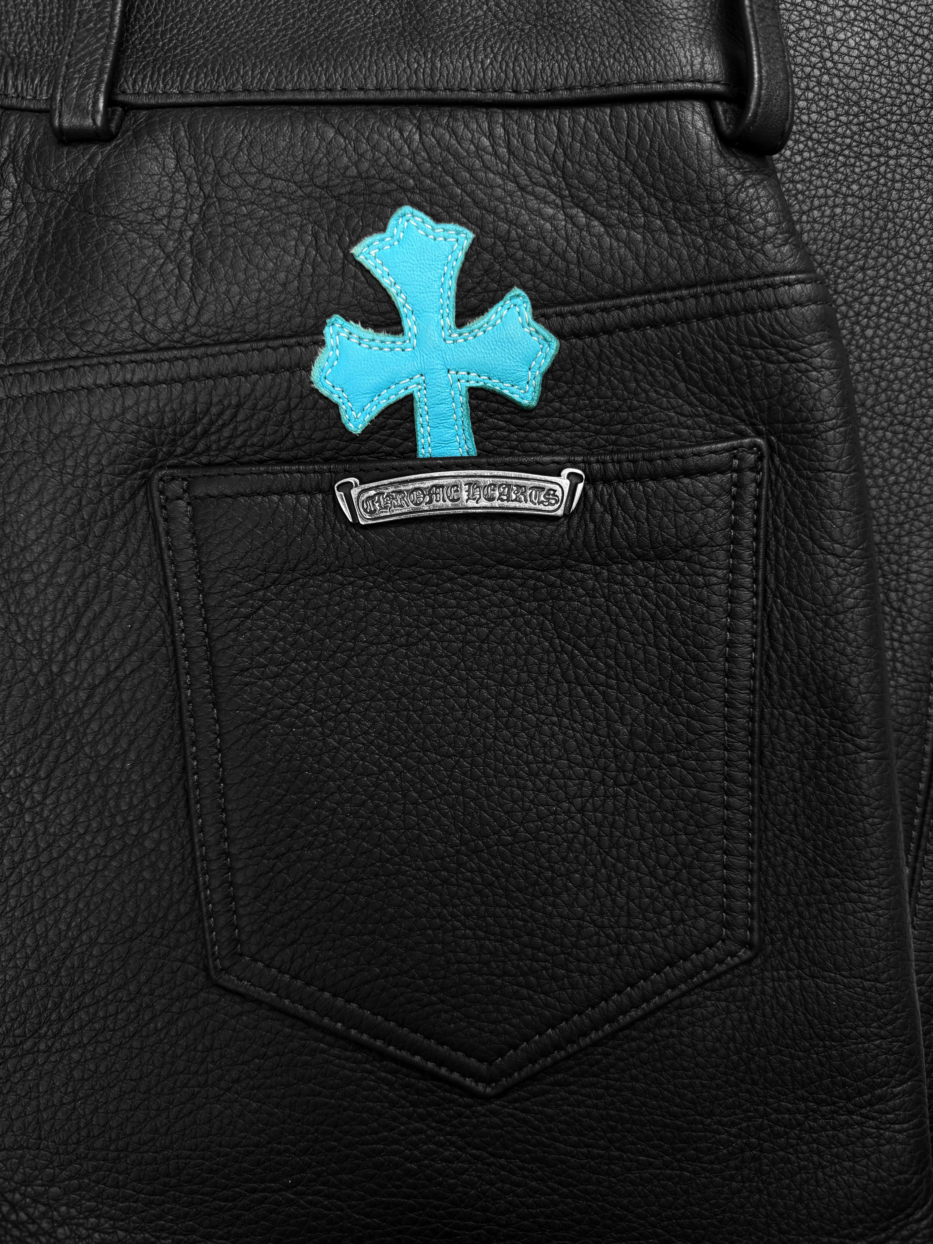 Chrome Hearts Baby Blue Cross Patch Leather Pants