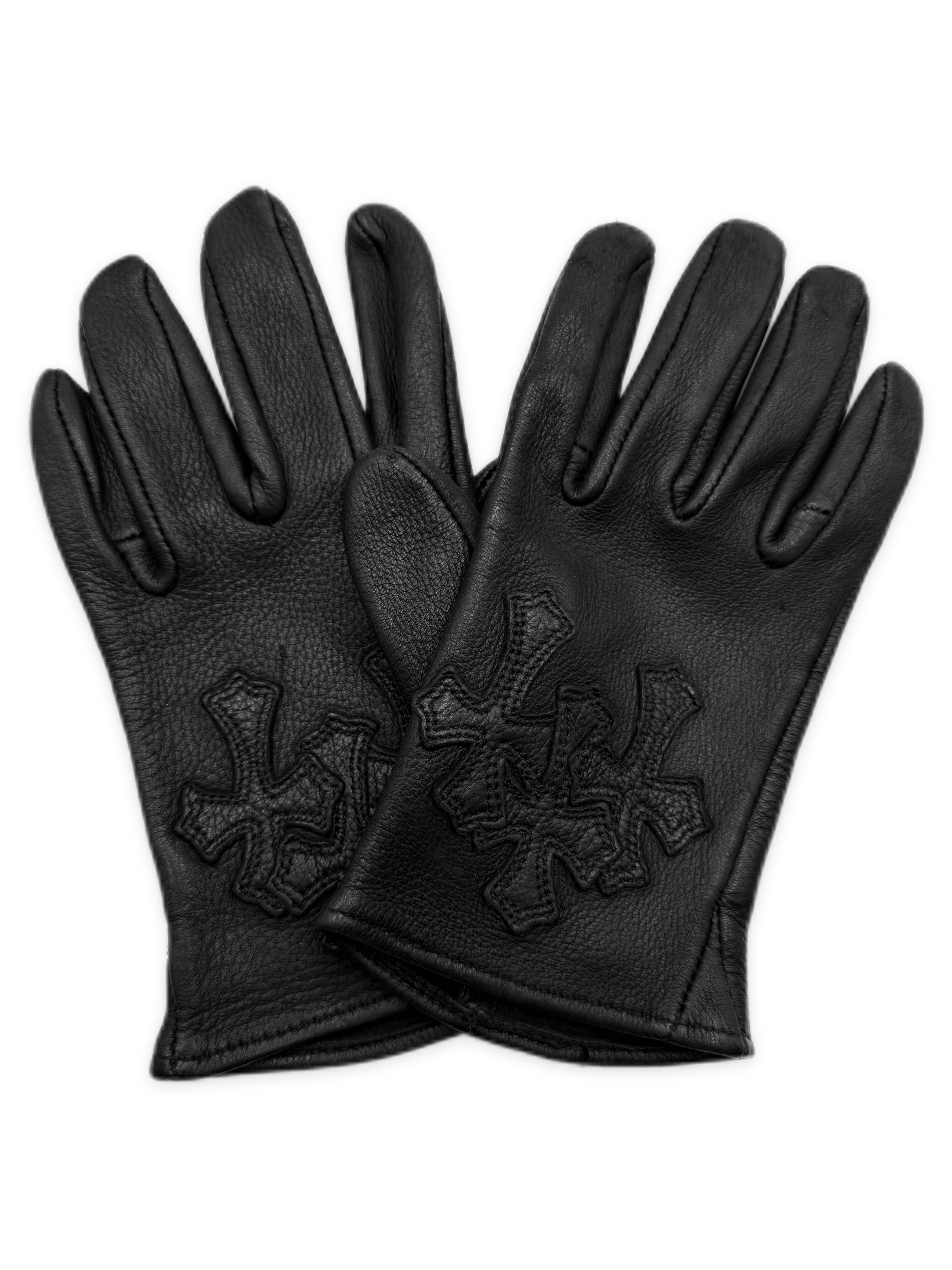 Chrome Hearts Triple Cross Patch Cemetery Black Leather Gloves