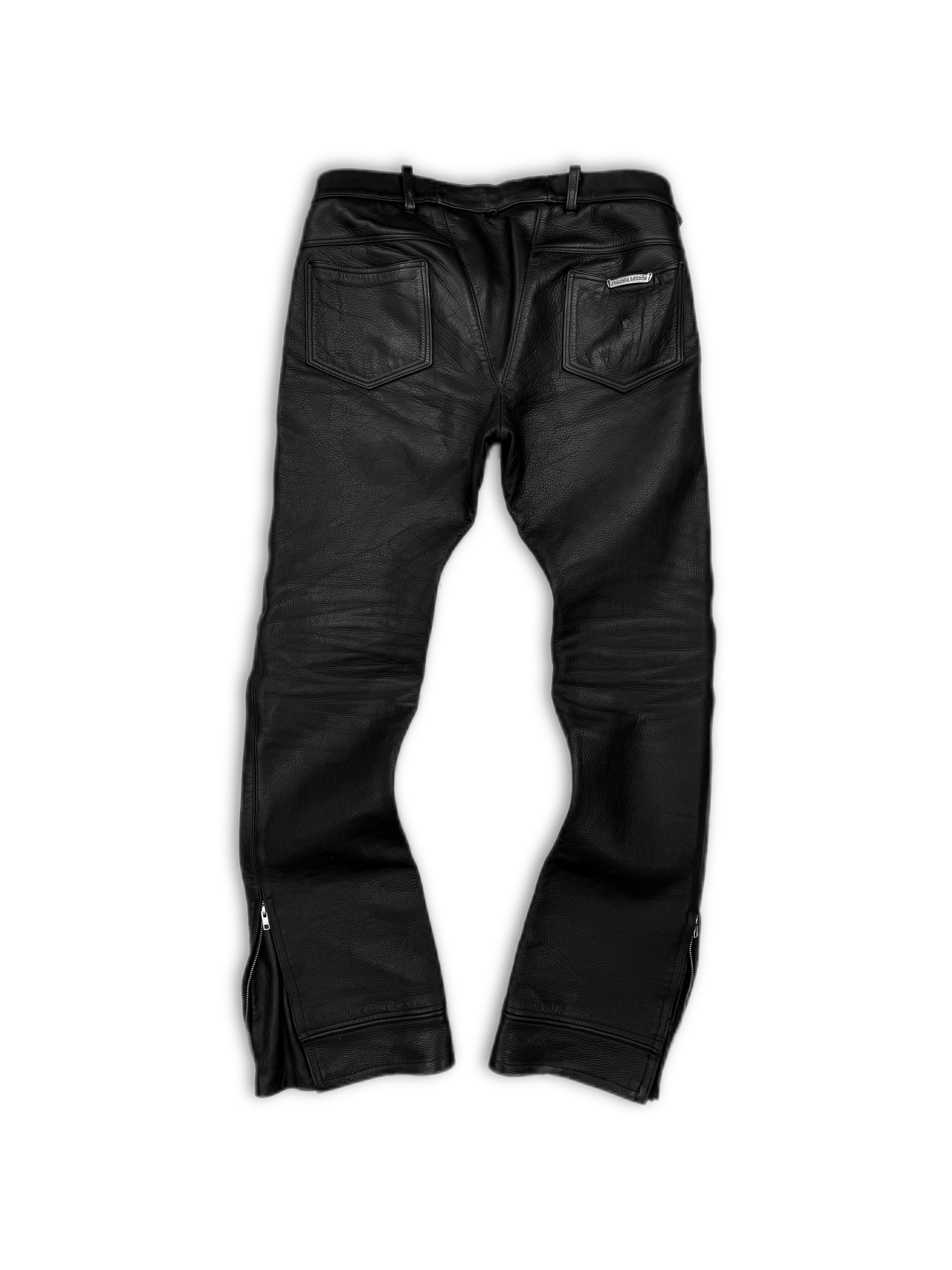 Chrome Hearts Fleur Knee Black Calfskin Leather Flared Pants