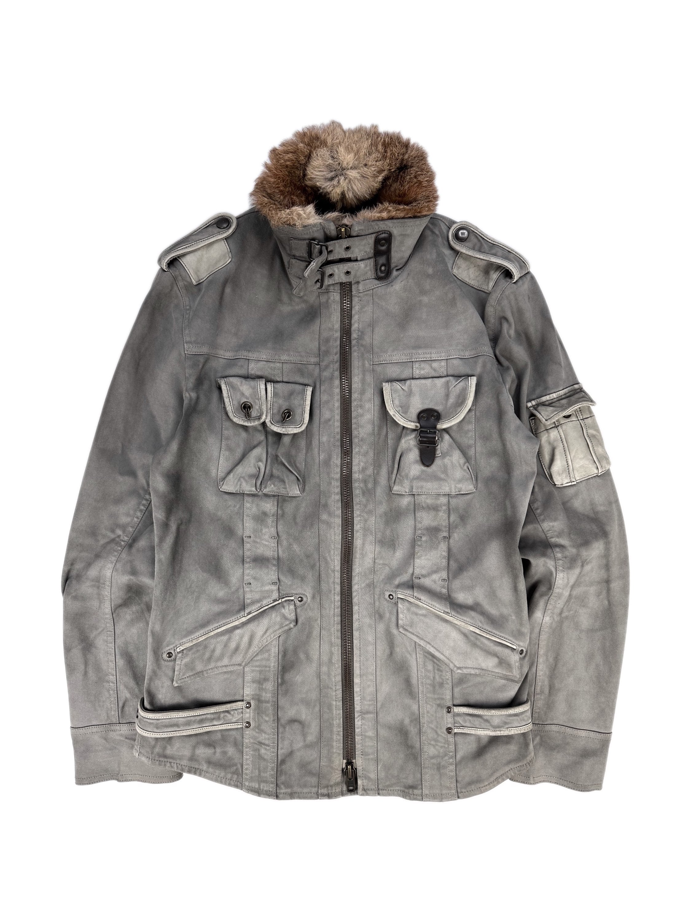 Tete Homme Ash Grey High Collar Fur Denim Cargo Jacket