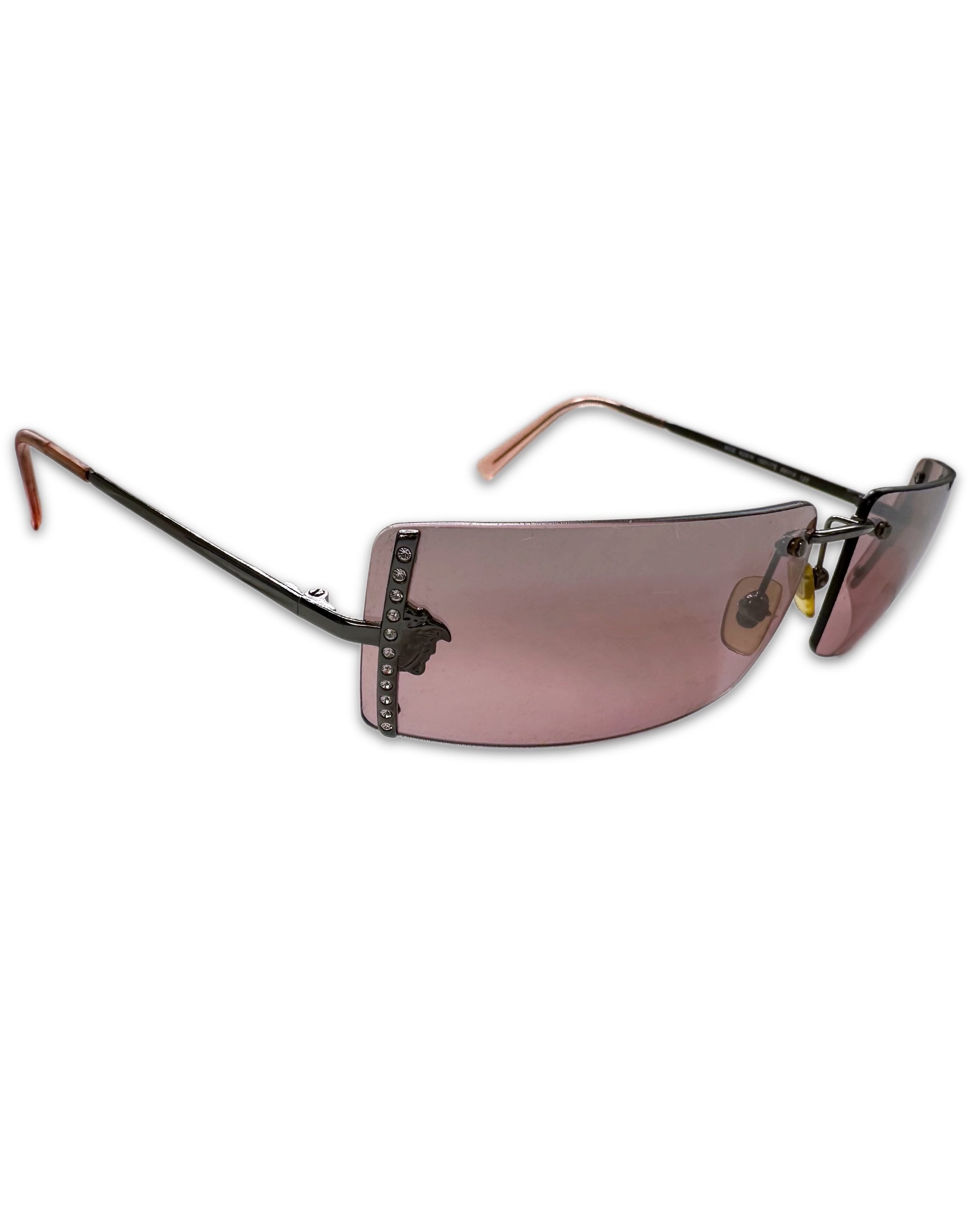 00s Versace Pink Tint ‘Medusa’ Logo Rimless Sunglasses