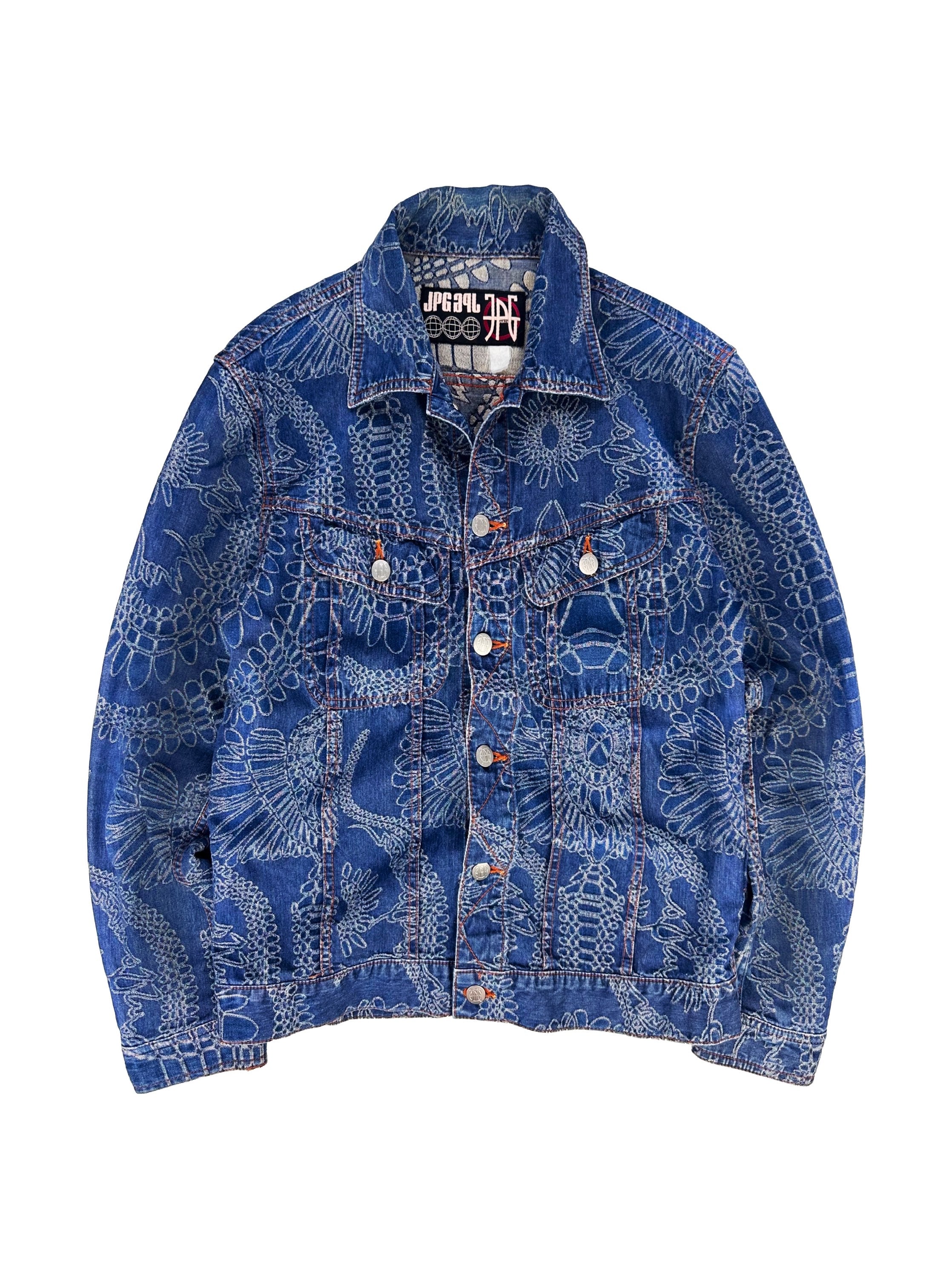 90s Jean Paul Gaultier ‘Sun’ Tribal Motif Pleated Blue Denim Jacket