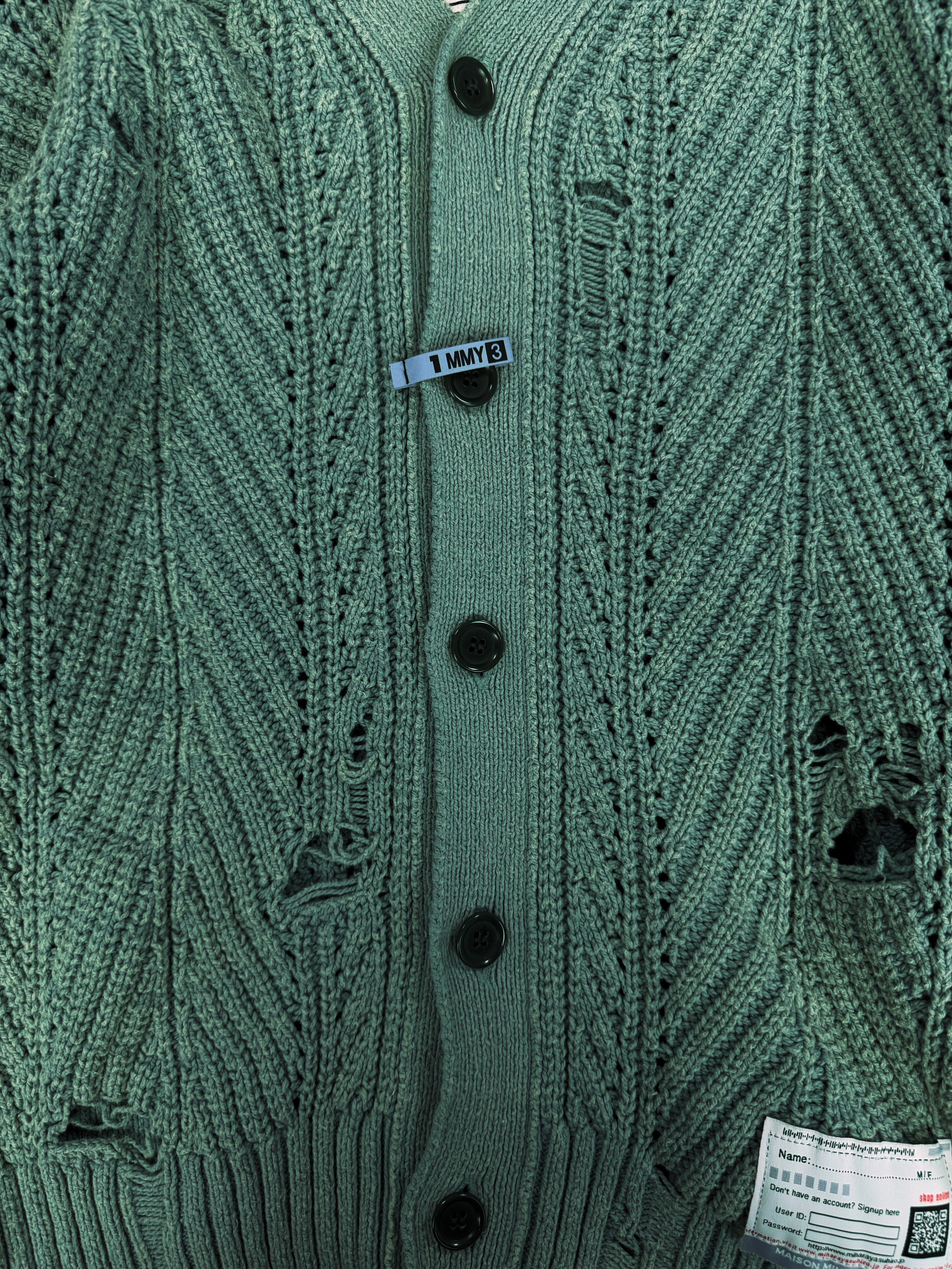 Mihara Yasuhiro Sea Foam Green Distressed Knit Cardigan