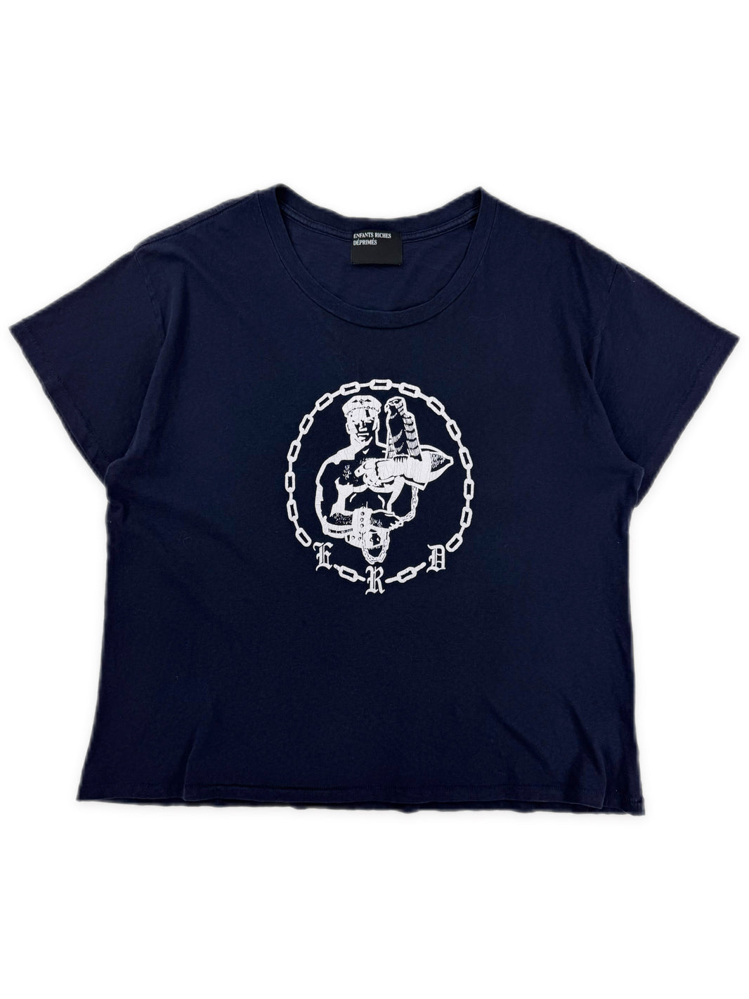 Enfants Riches Deprimes ‘Chain’ Graphic Cropped Navy Blue T-Shirt