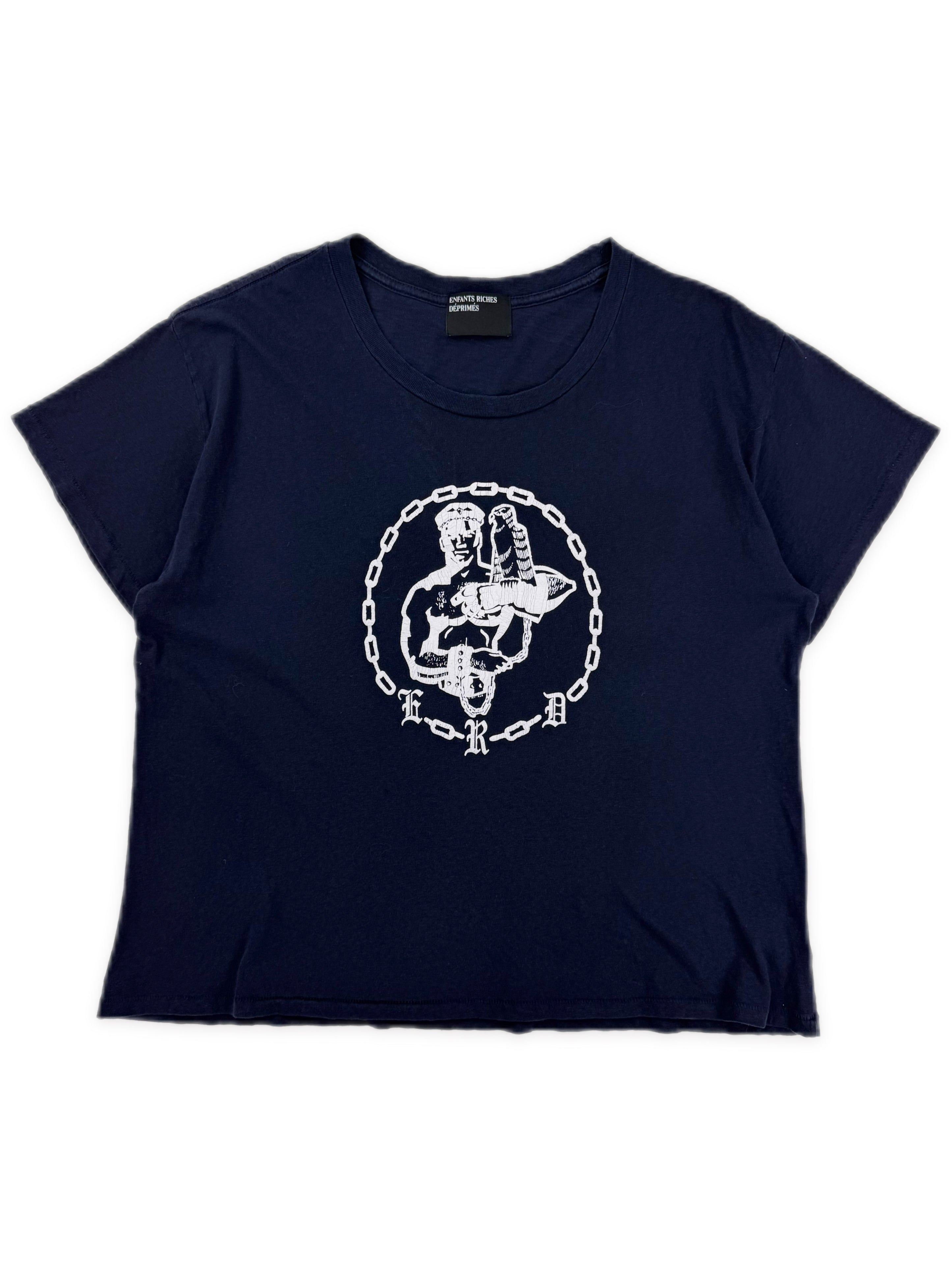 Enfants Riches Deprimes ‘Chain’ Graphic Cropped Navy Blue T-Shirt