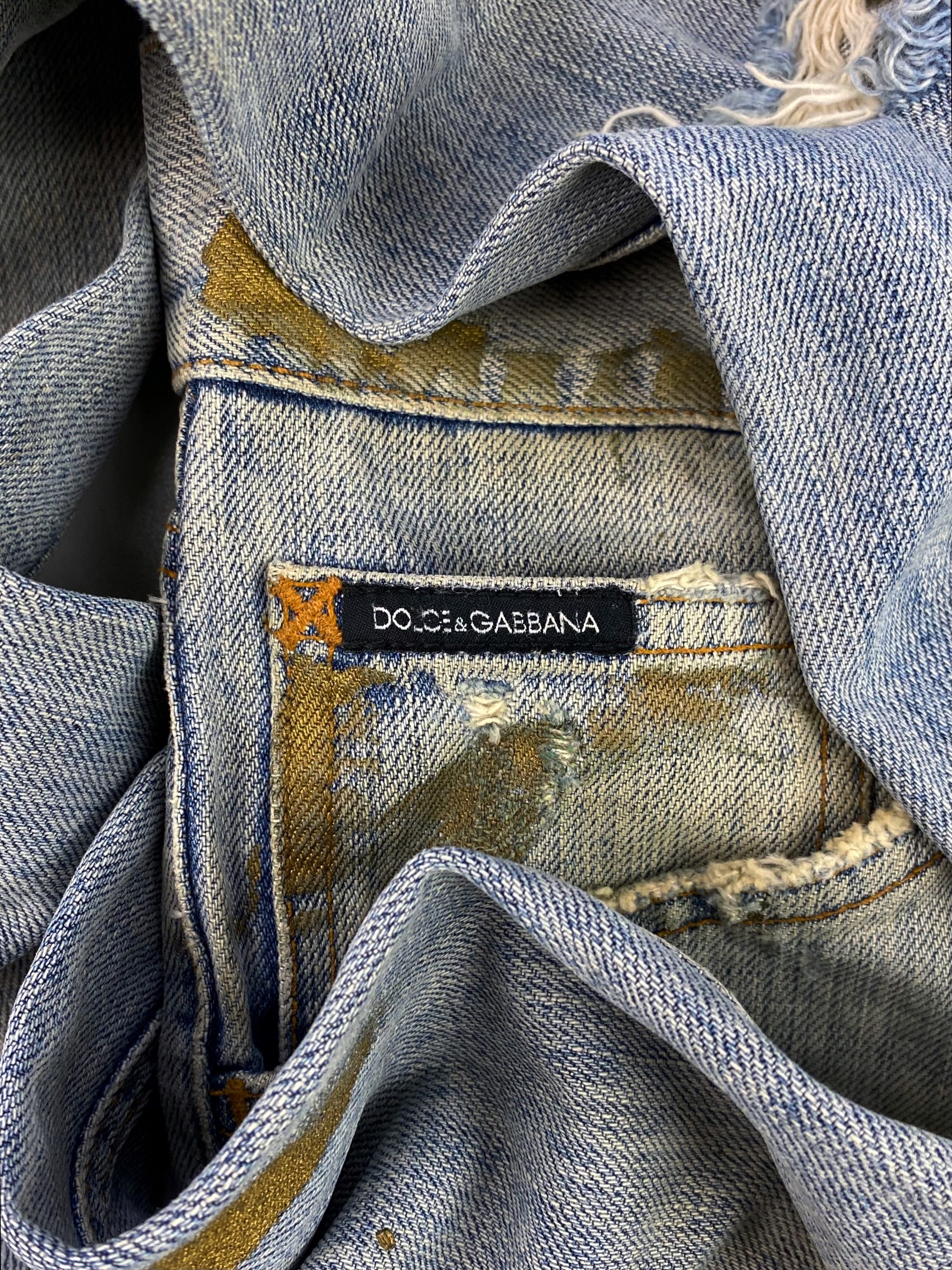 00s Dolce &amp; Gabbana Distressed Paint Splatter Light Wash Denim