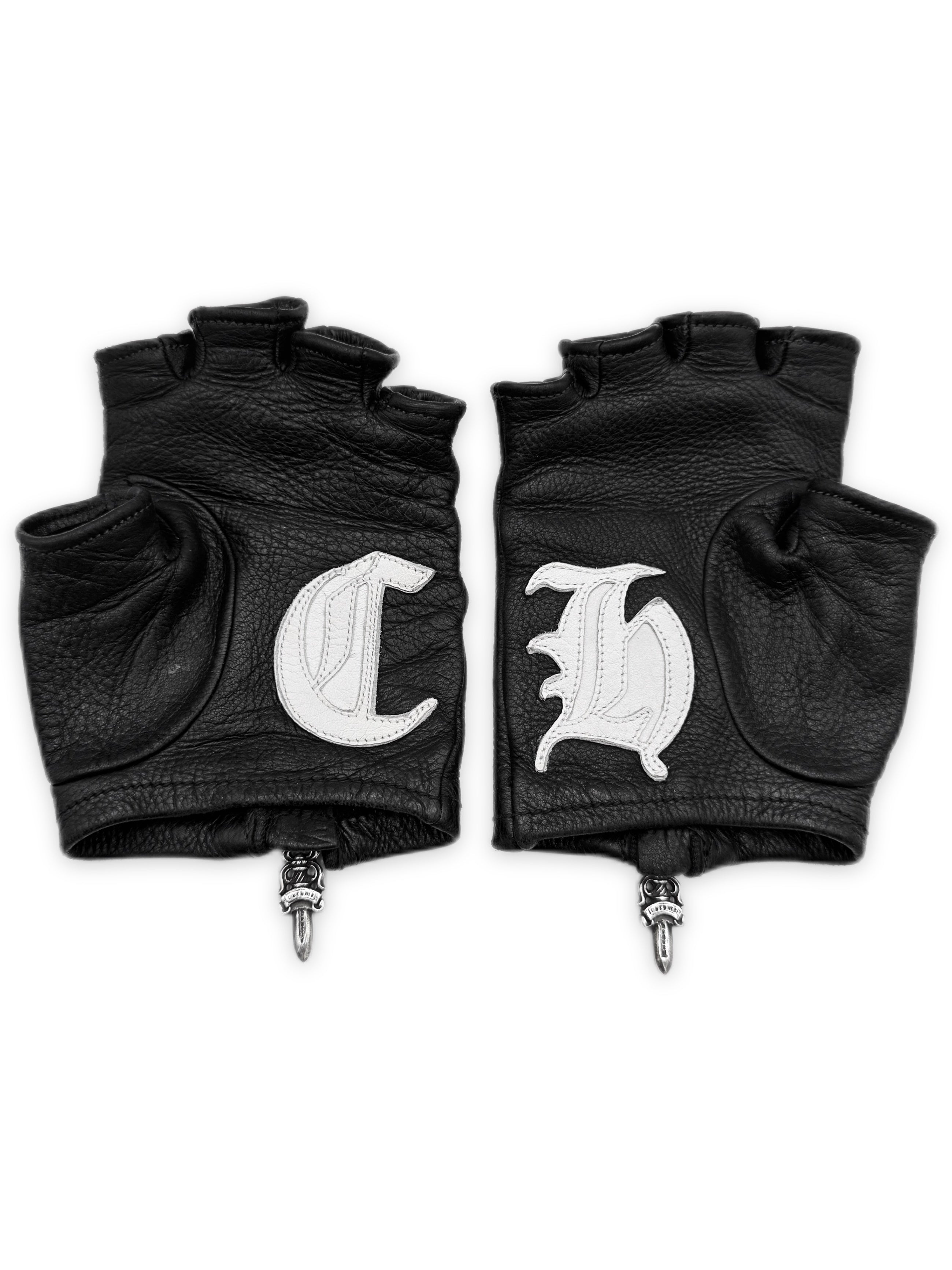 Chrome Hearts CH Patch Fingerless Dagger Zip Leather Gloves