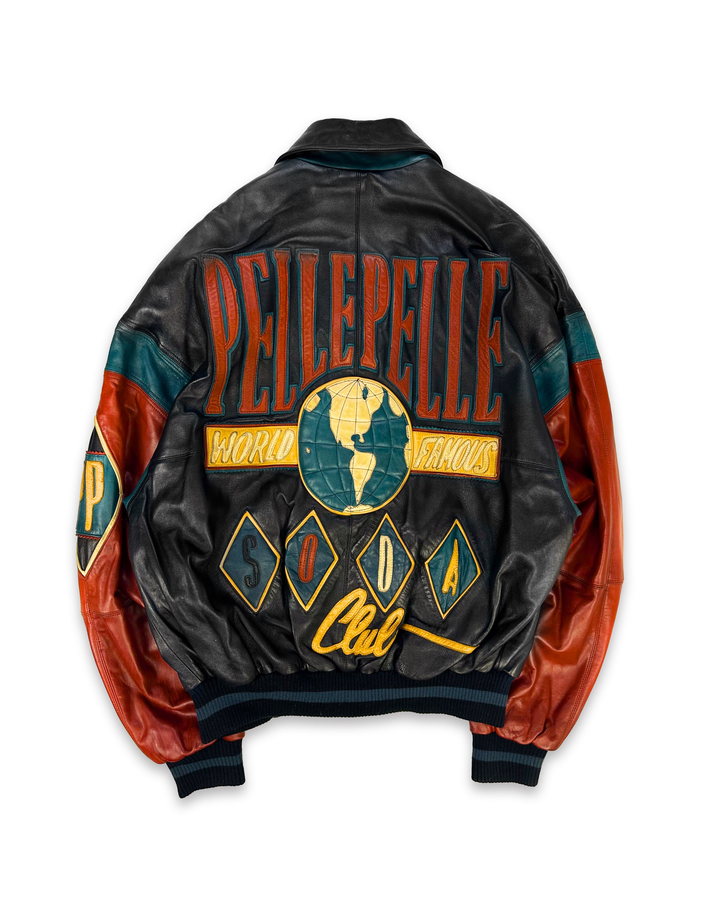 90s Pelle Pelle ‘Soda Club’ Patched Globe Leather Jacket