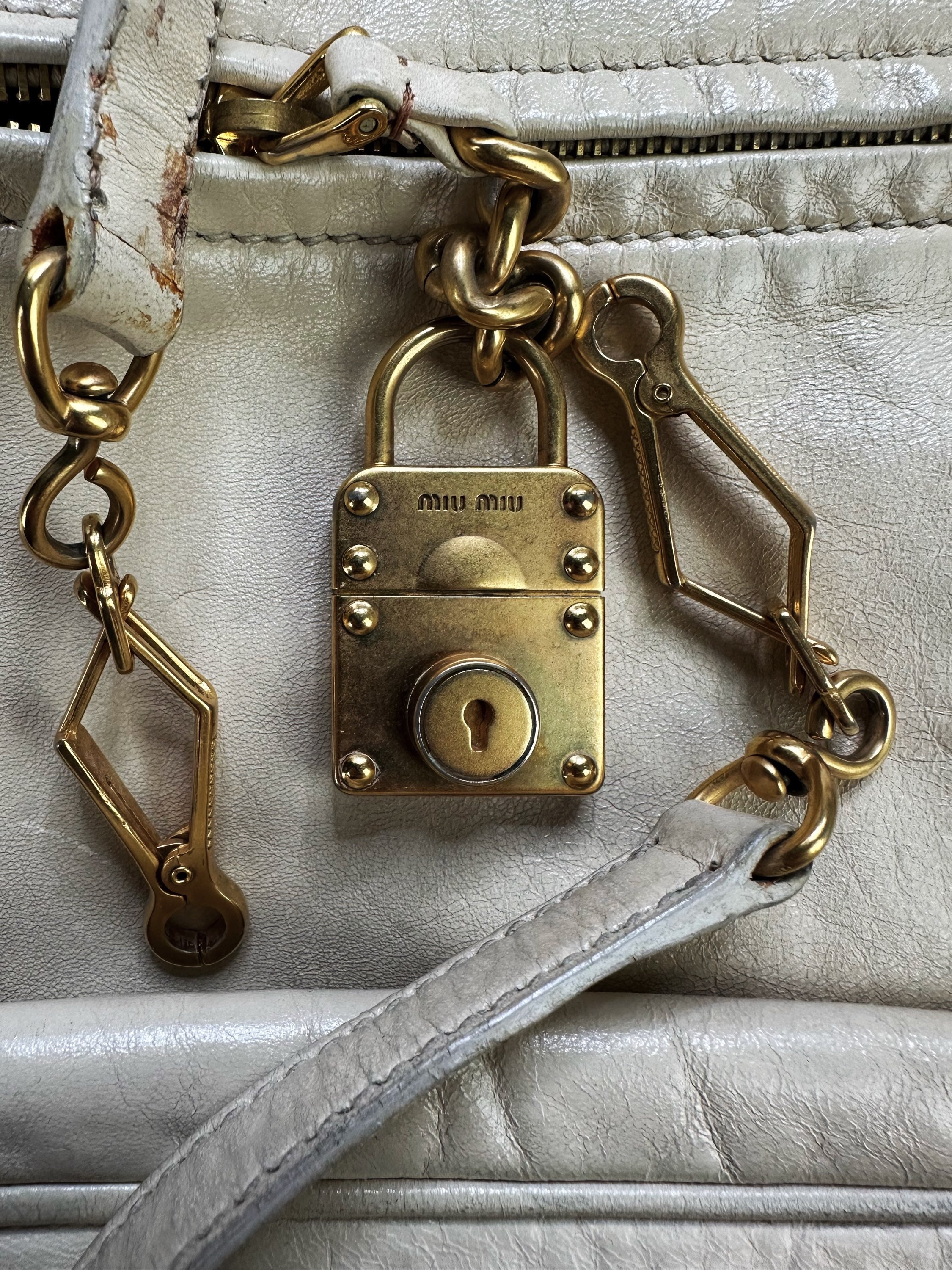 00s Miu Miu Gold ‘Key & Lock’ White Leather Handbag